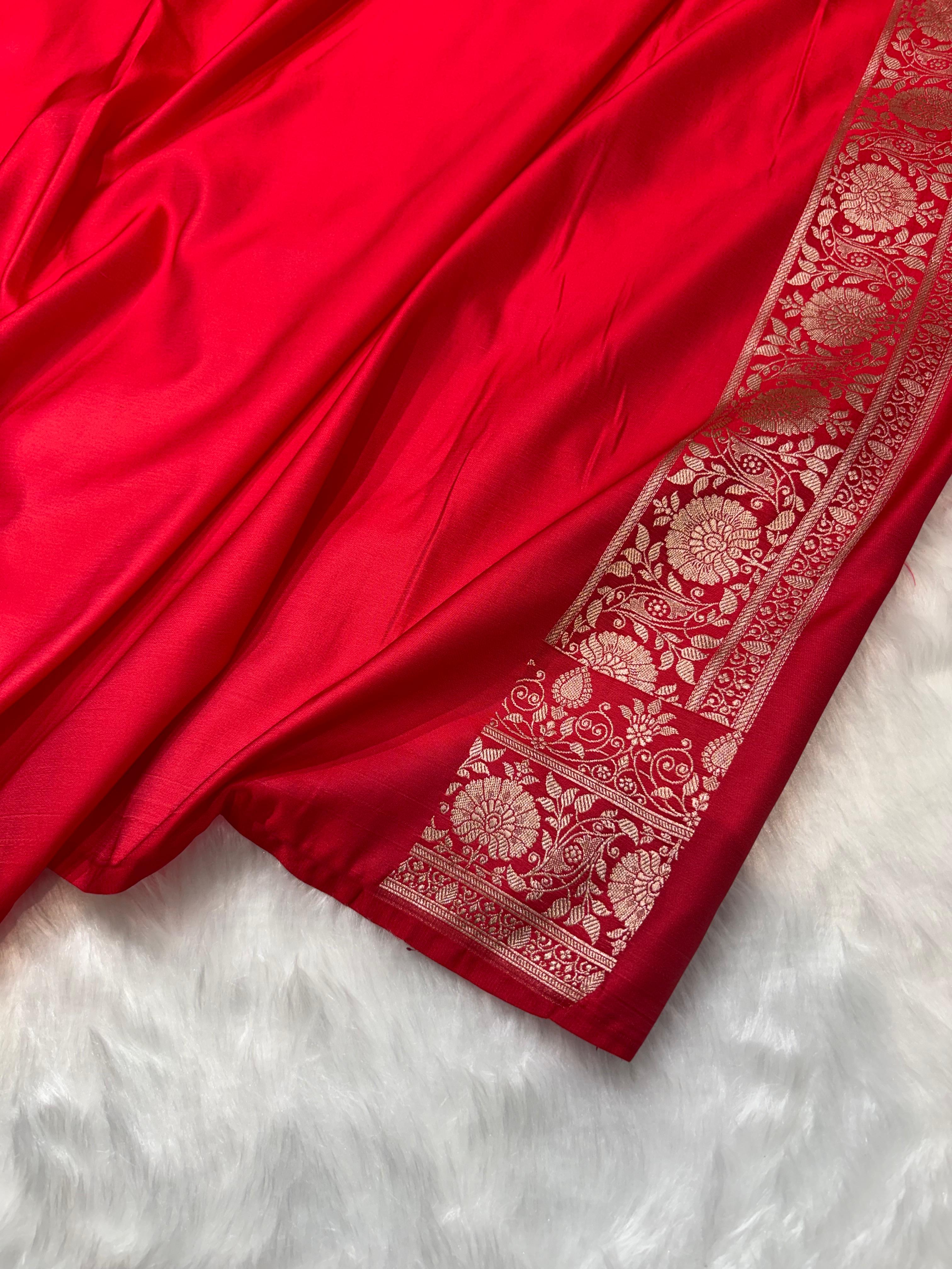 Banarasi Red Shades Floral Meena Mashru Silk Saree