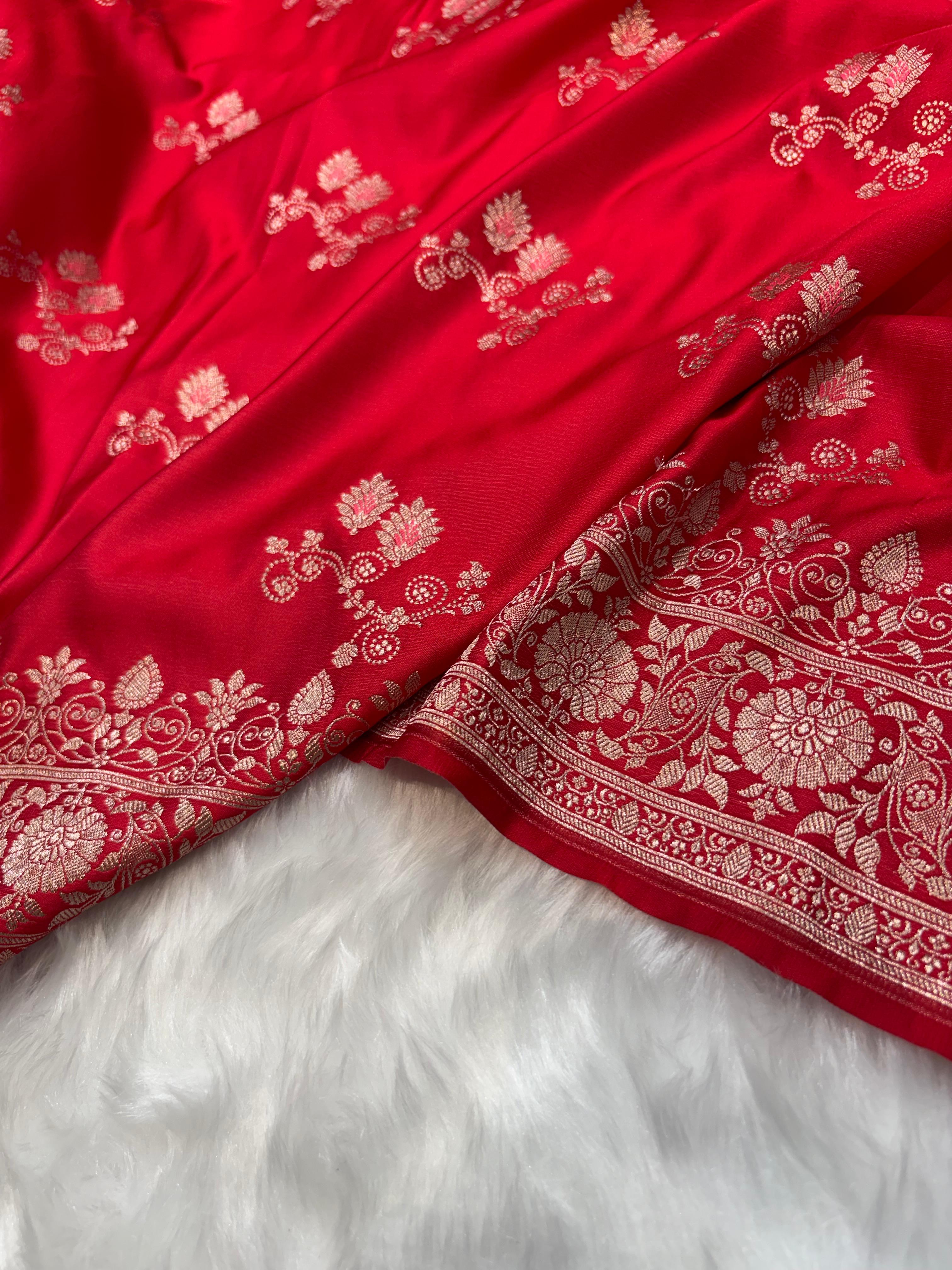 Banarasi Red Shades Floral Meena Mashru Silk Saree