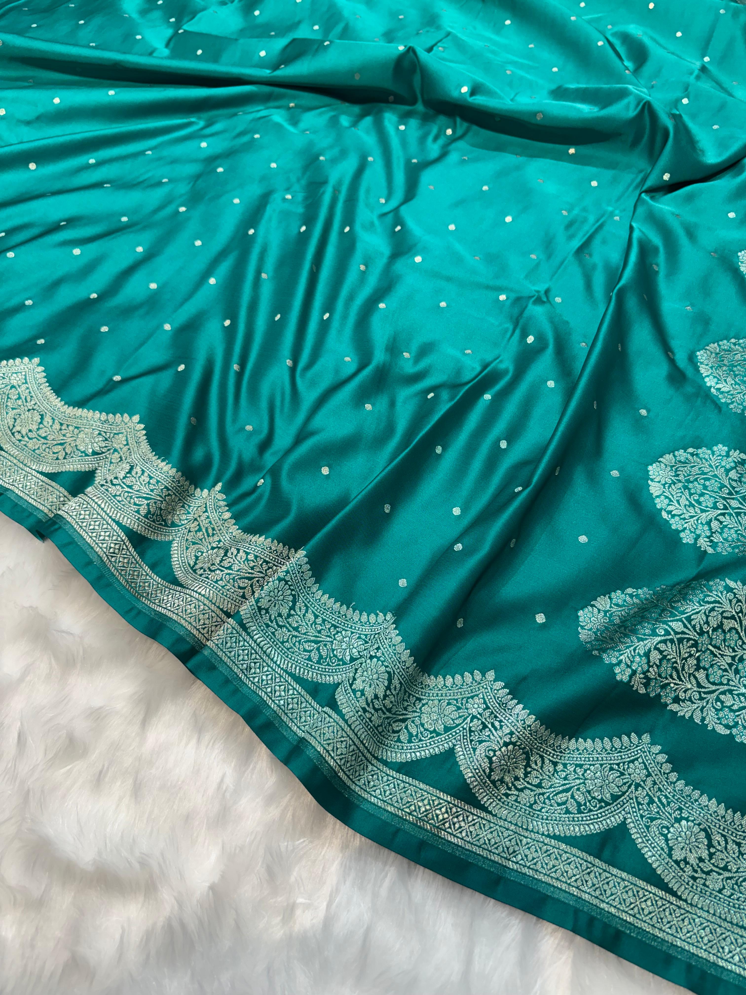 Banarasi Scallop Mashru Silk Dot Booti in Emerald Teal Shades