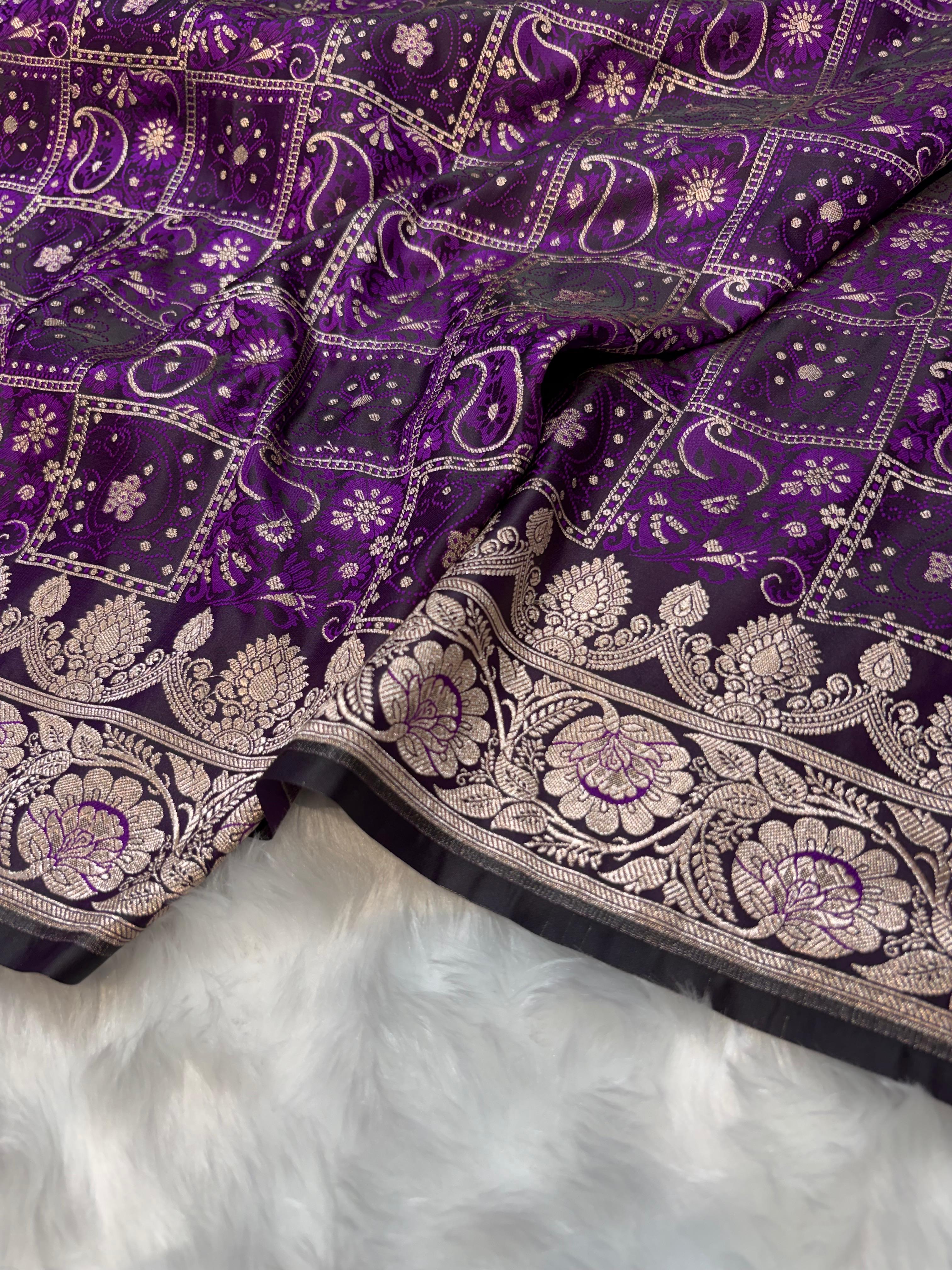 Banarasi Checkered Jaal with Floral Motifs Mashru Silk in Wine Purple Shades