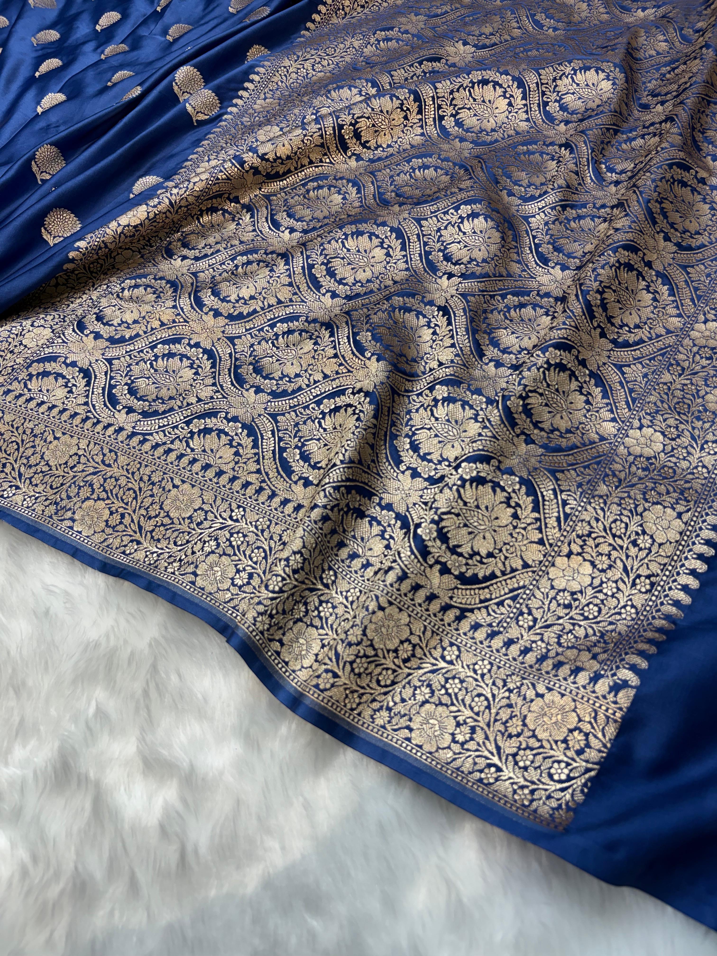 Saphhire Blue Shades Banarasi Floral Boota Mashru Silk Saree