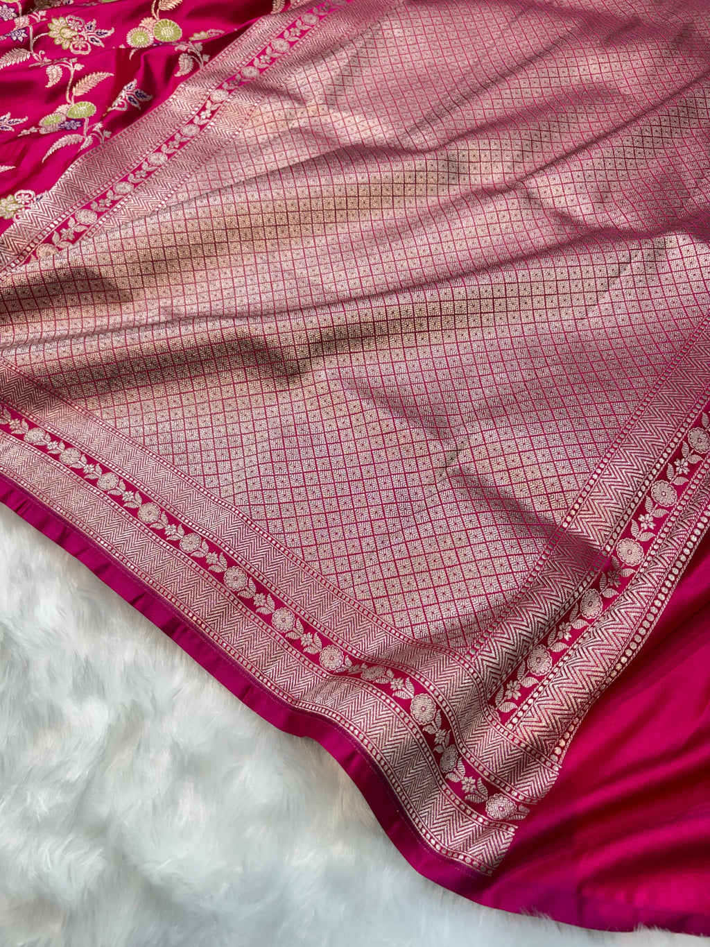Rani Pink Floral Jaal Minakari Mashru Silk Saree