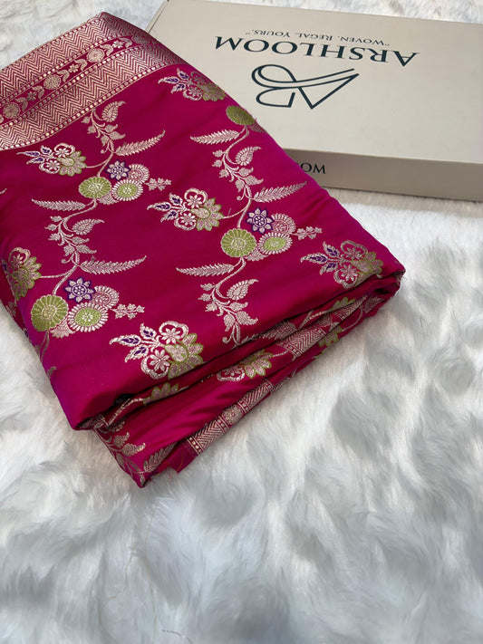 Rani Pink Floral Jaal Minakari Mashru Silk Saree
