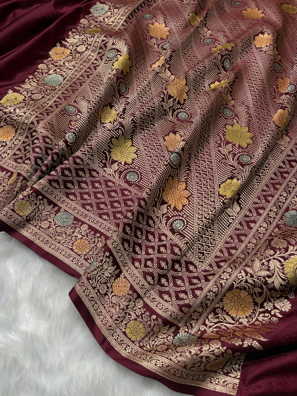 Maroon Minakari Shades Plain Mashru Silk Saree