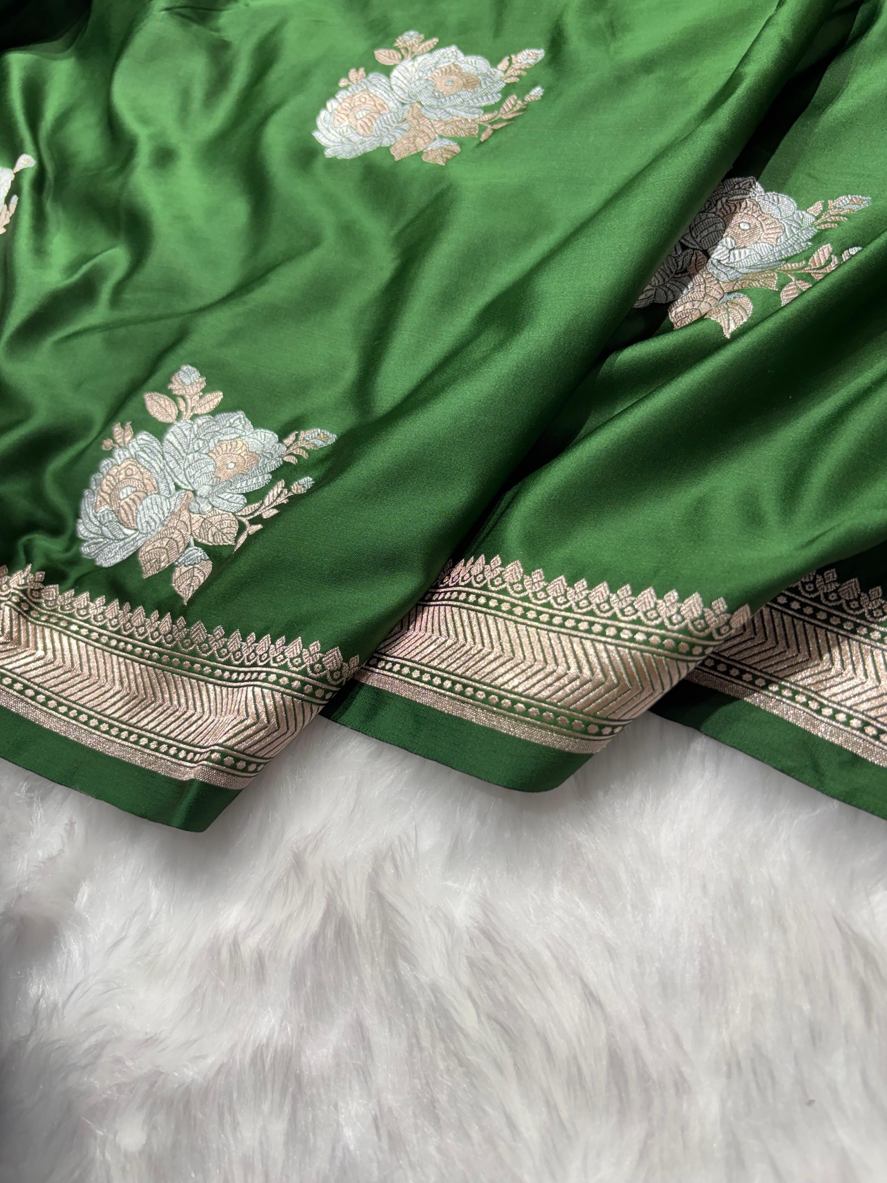 Bottle Green Shades Floral Boota Mashru Silk Saree