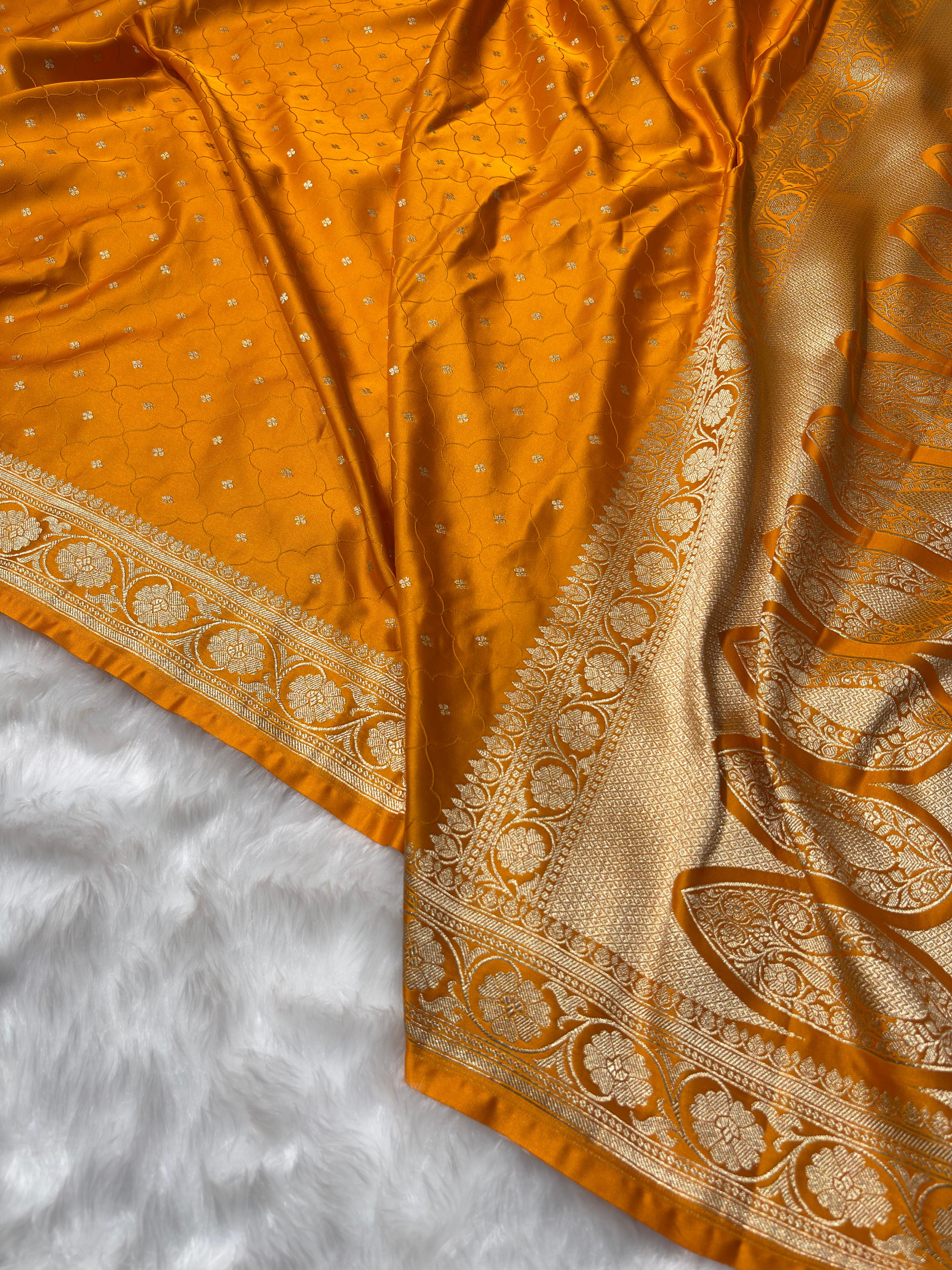Banarasi Mustard Shades Tanchoi Motifs Mashru Silk Saree