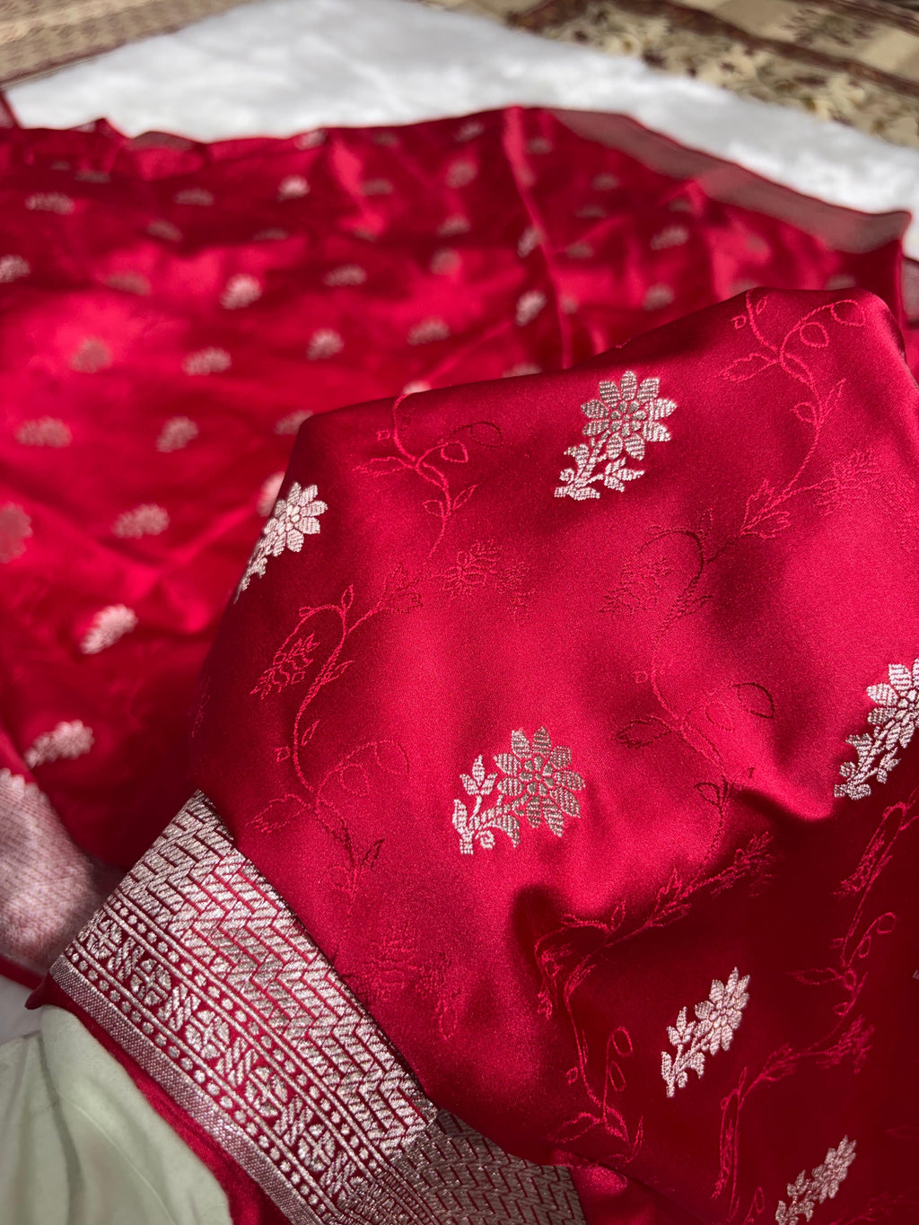 Banarasi Red Shades Tanchoi With Booti Mashru Silk Saree