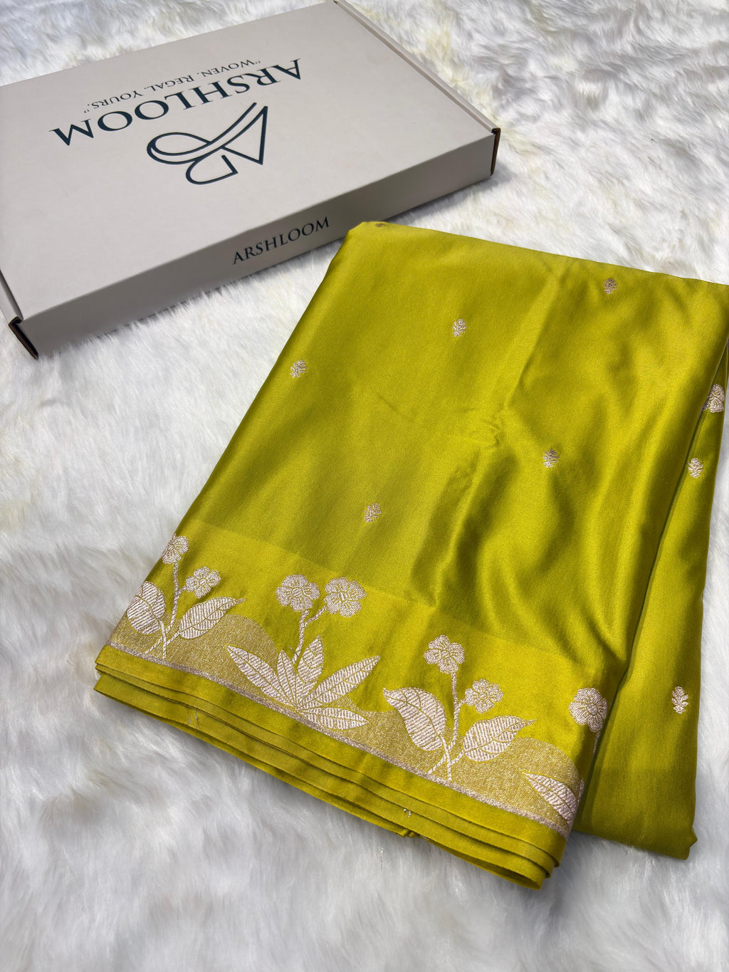 Lime Green Booti With Floral Border Mashru Silk Saree