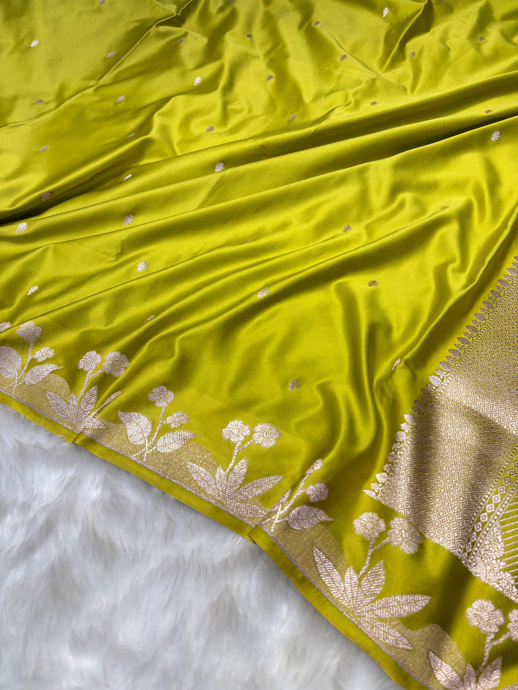 Lime Green Booti With Floral Border Mashru Silk Saree