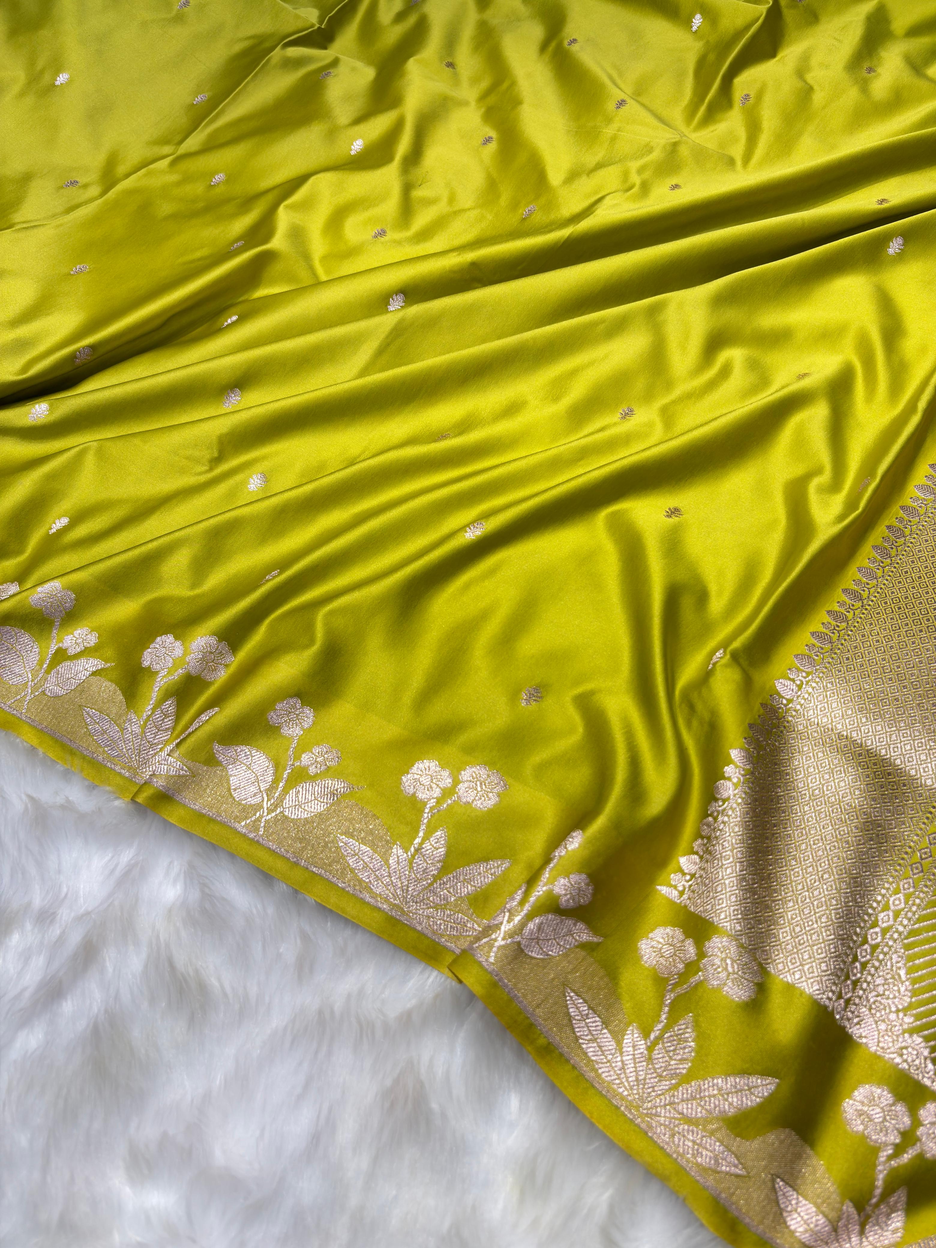 Lime Green Booti With Floral Border Mashru Silk Saree