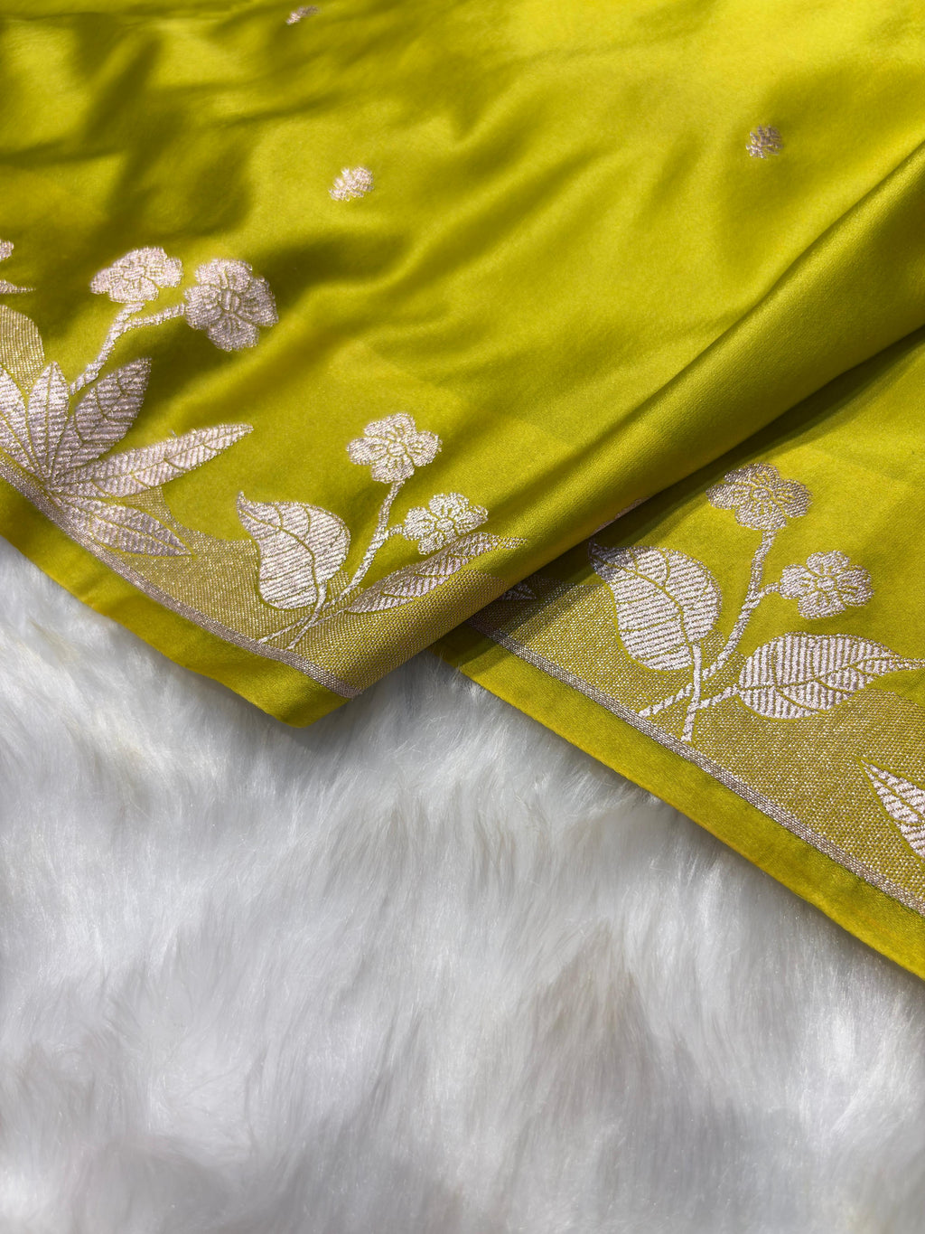 Lime Green Booti With Floral Border Mashru Silk Saree