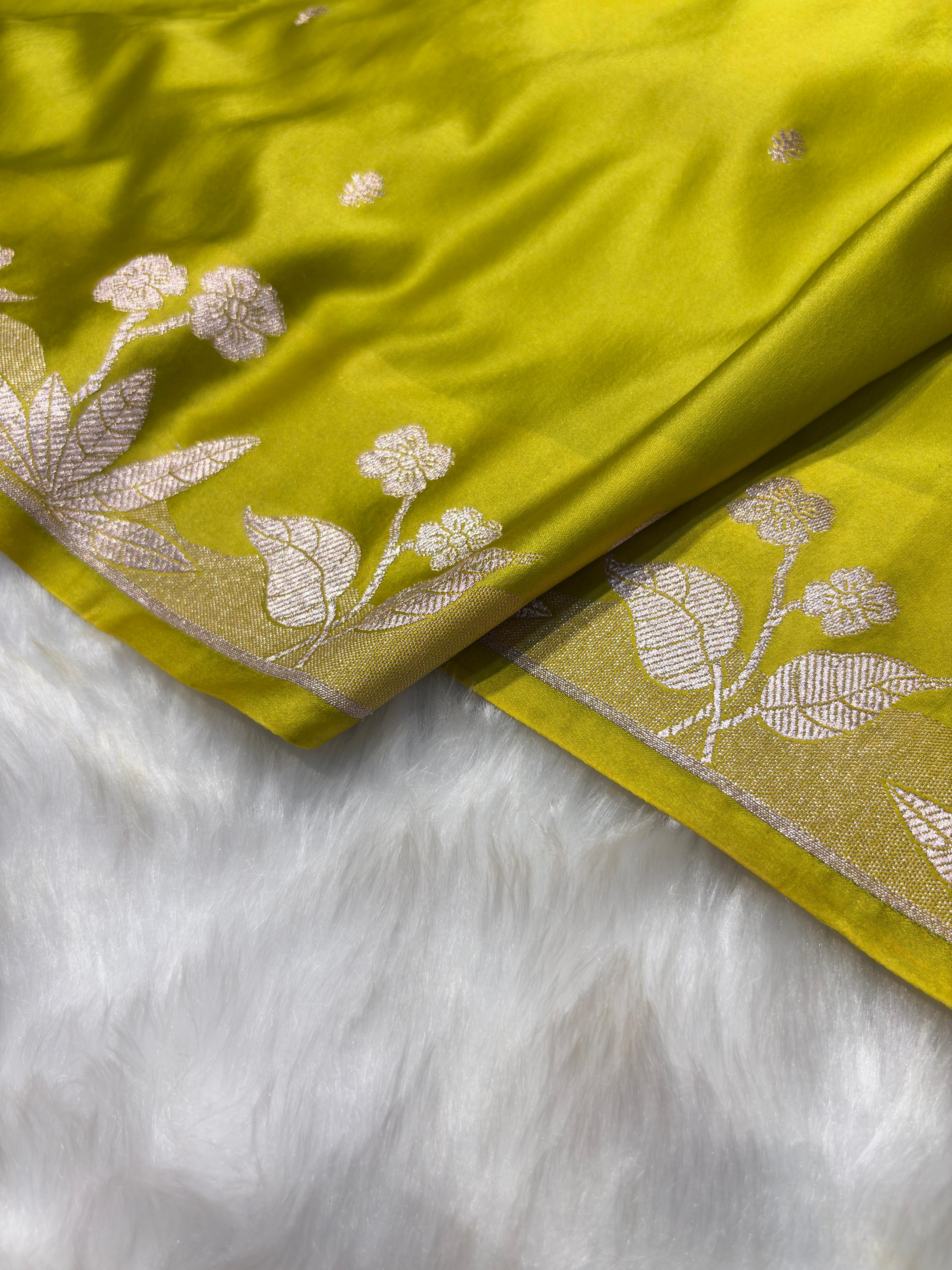 Lime Green Booti With Floral Border Mashru Silk Saree