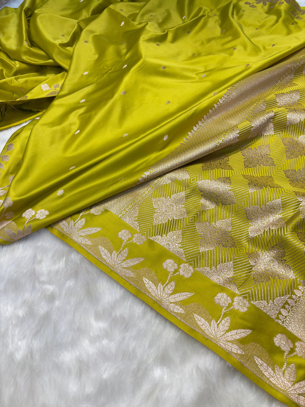 Lime Green Booti With Floral Border Mashru Silk Saree