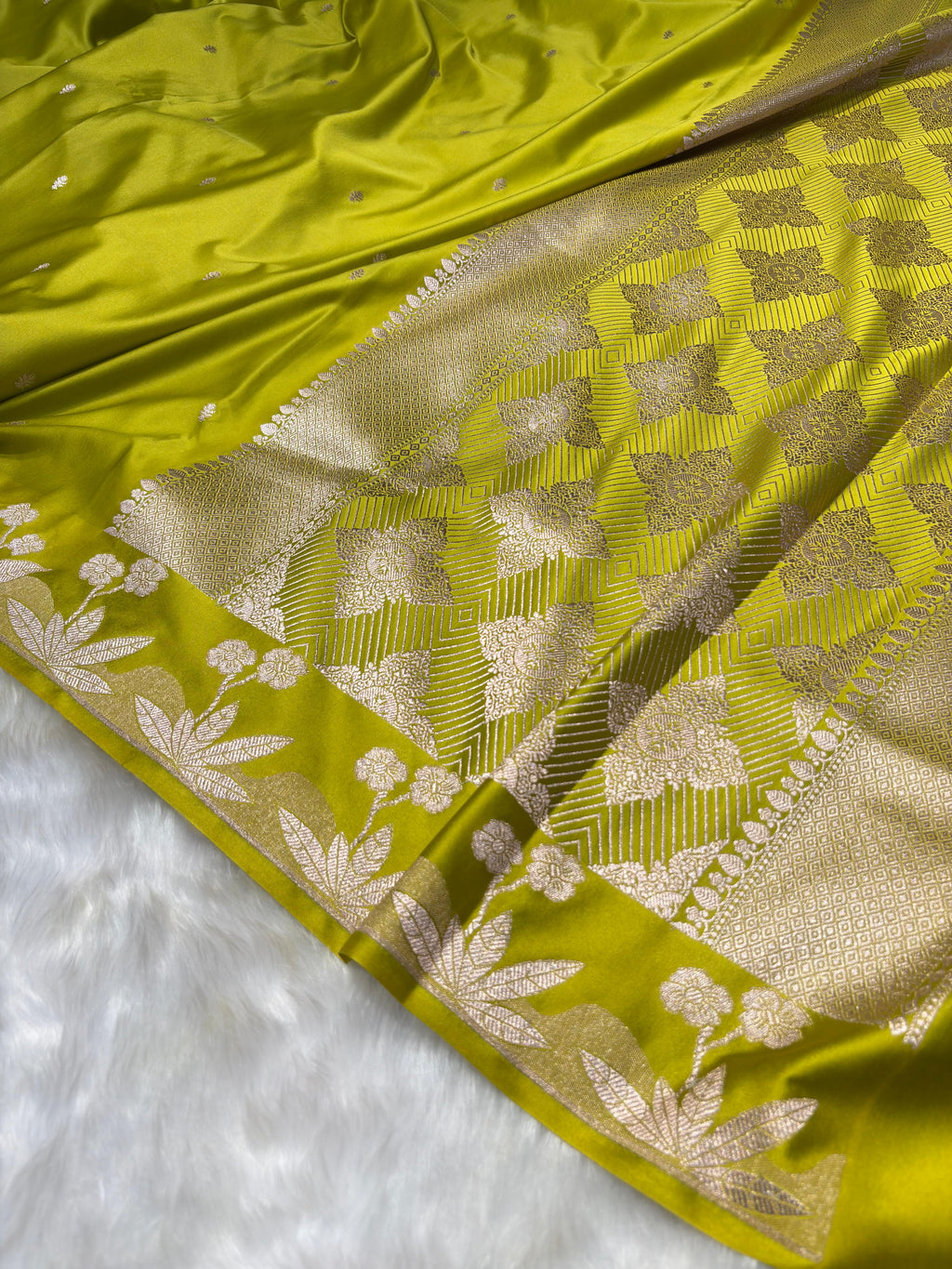 Lime Green Booti With Floral Border Mashru Silk Saree