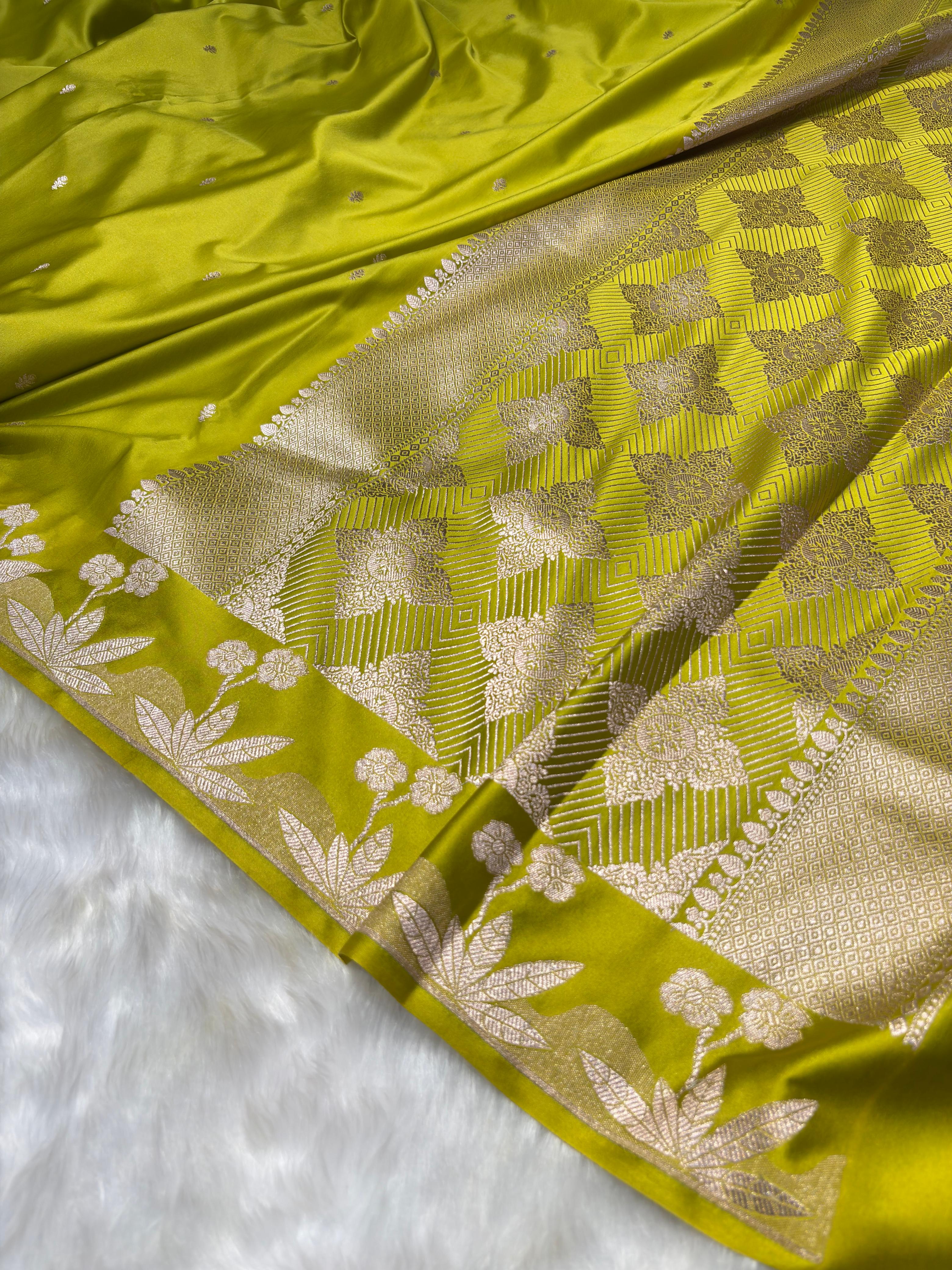 Lime Green Booti With Floral Border Mashru Silk Saree