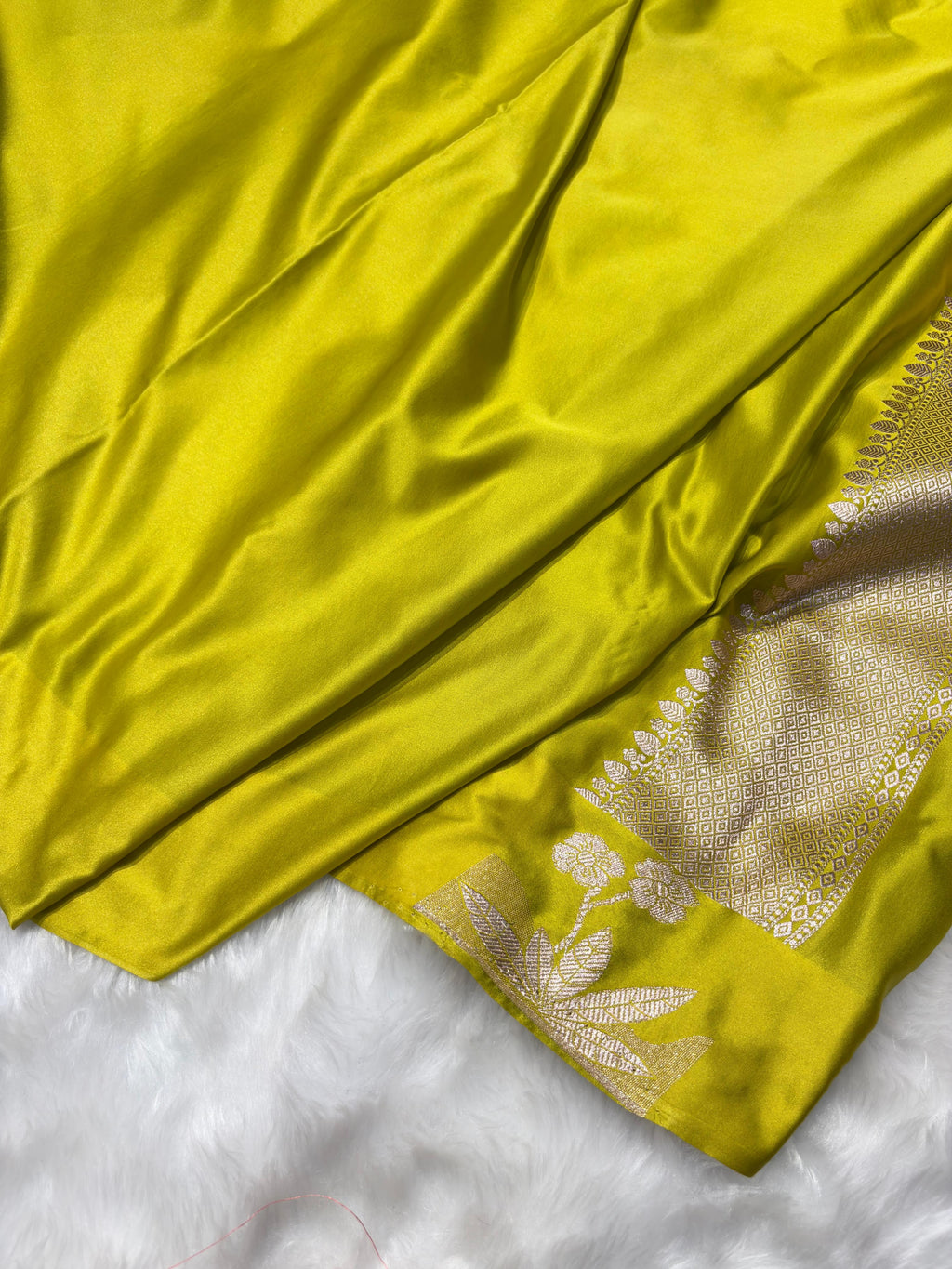 Lime Green Booti With Floral Border Mashru Silk Saree