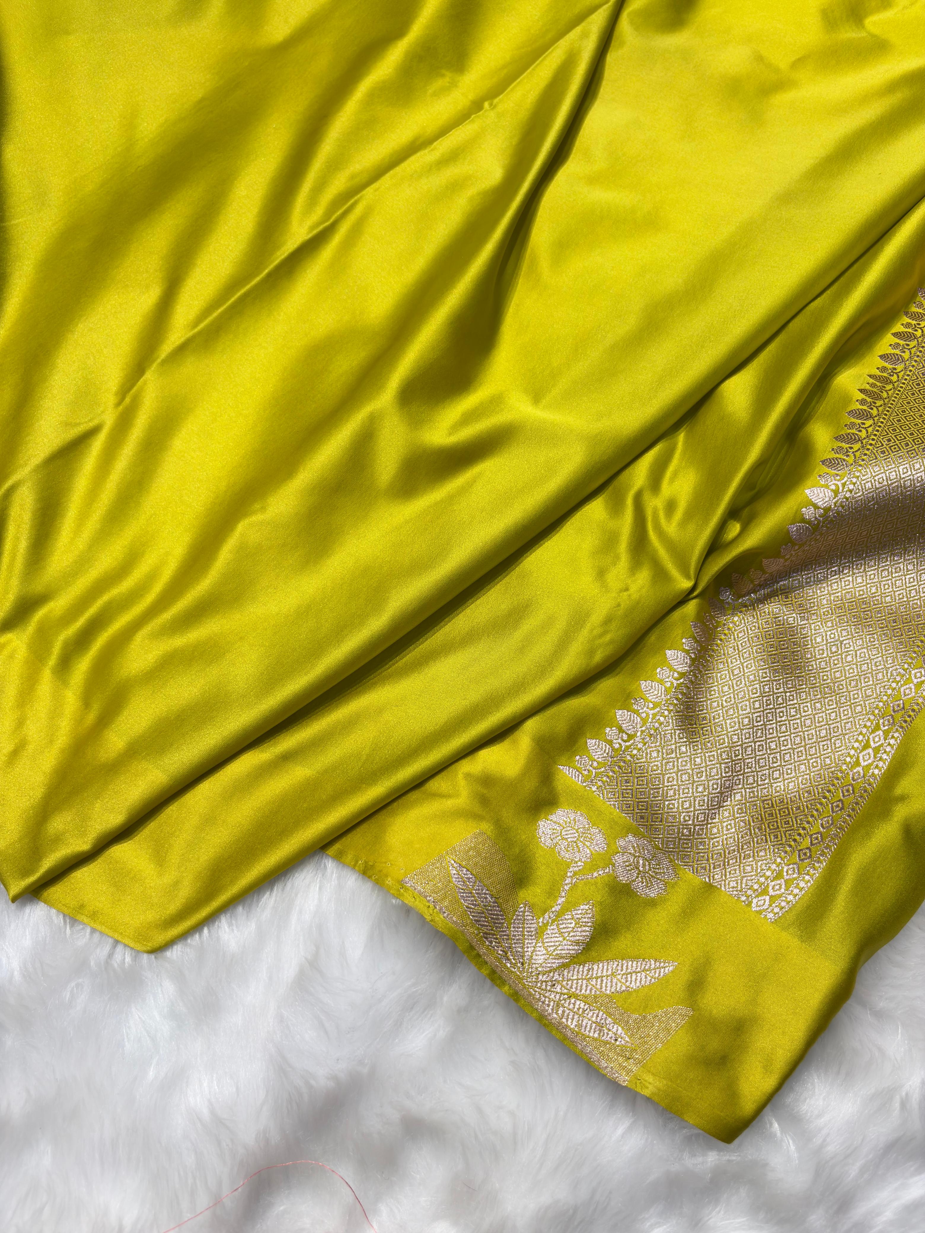 Lime Green Booti With Floral Border Mashru Silk Saree