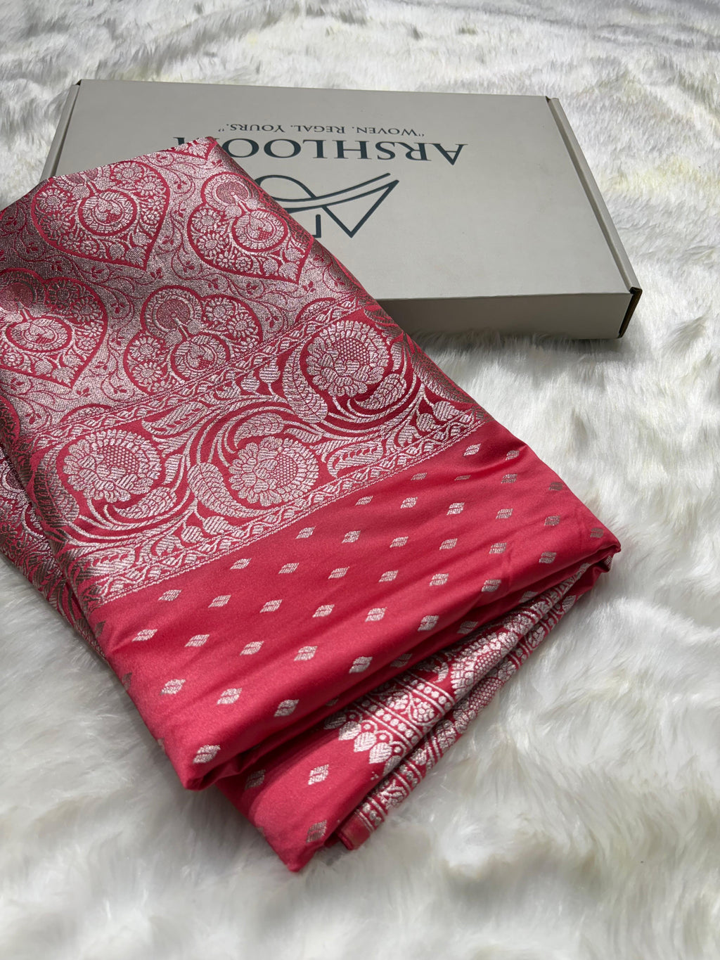 Premium Banarasi Mashru Silk Saree Booti in Ruby Pink Shade