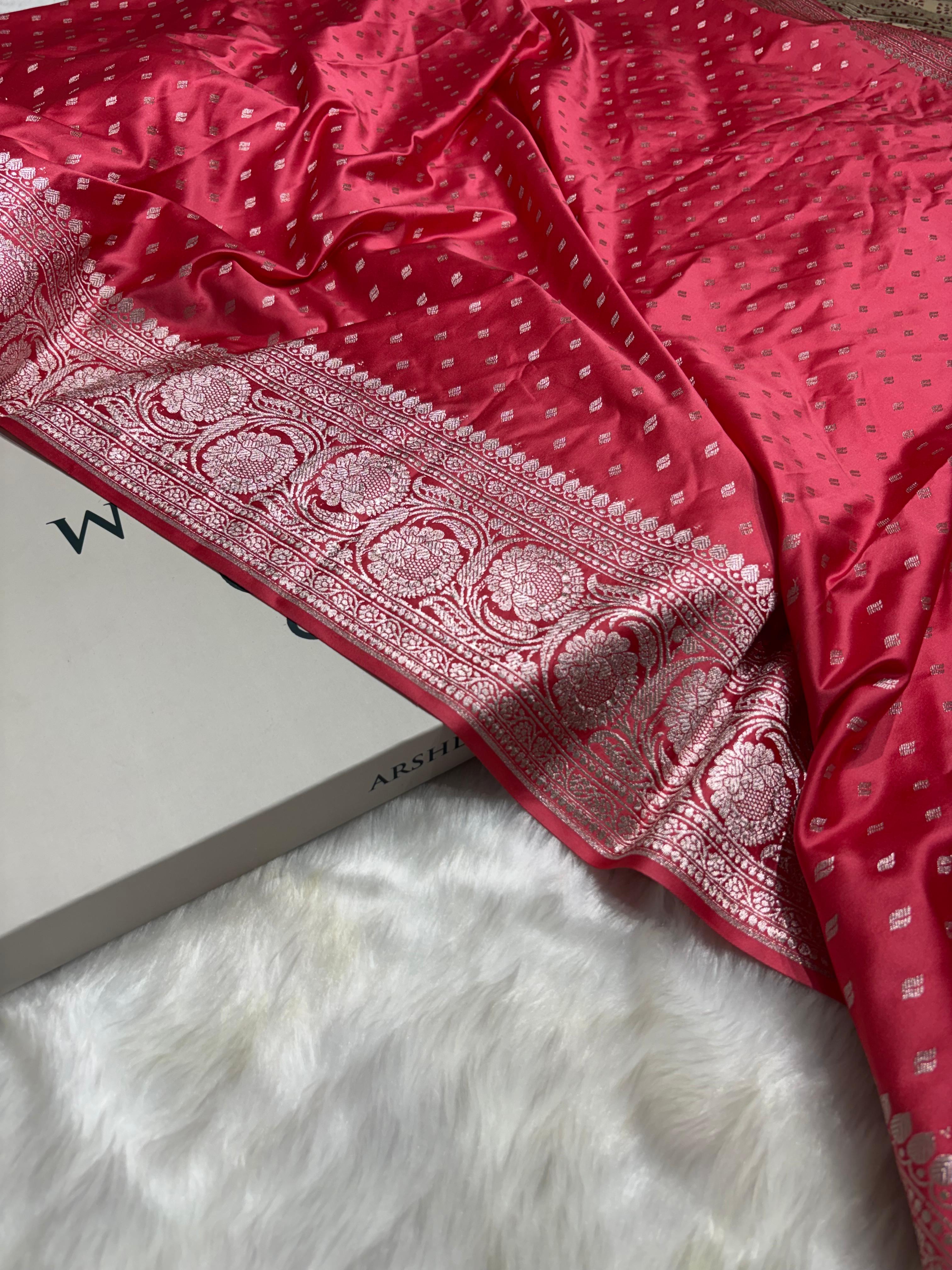 Premium Banarasi Mashru Silk Saree Booti in Ruby Pink Shade