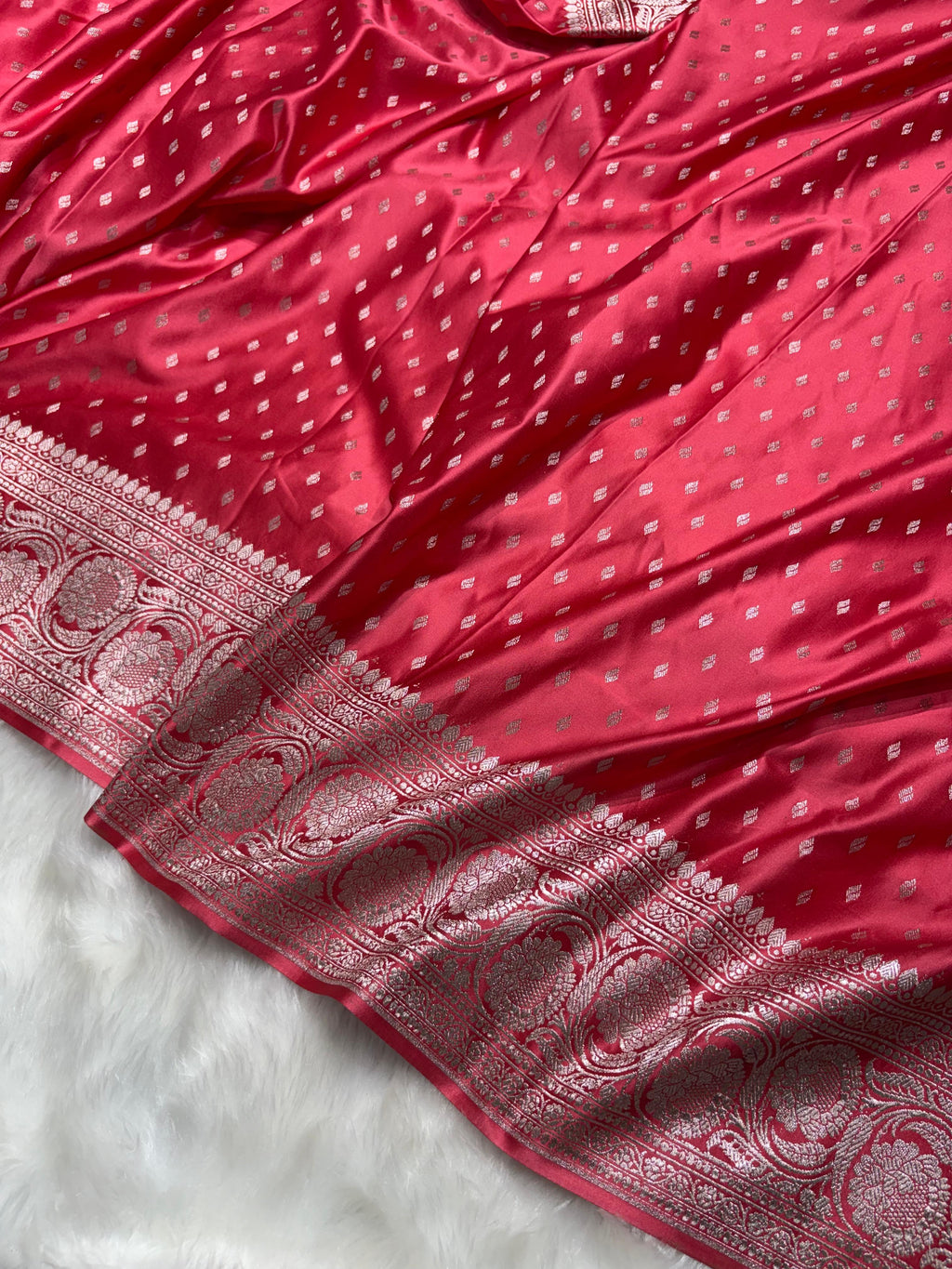 Premium Banarasi Mashru Silk Saree Booti in Ruby Pink Shade