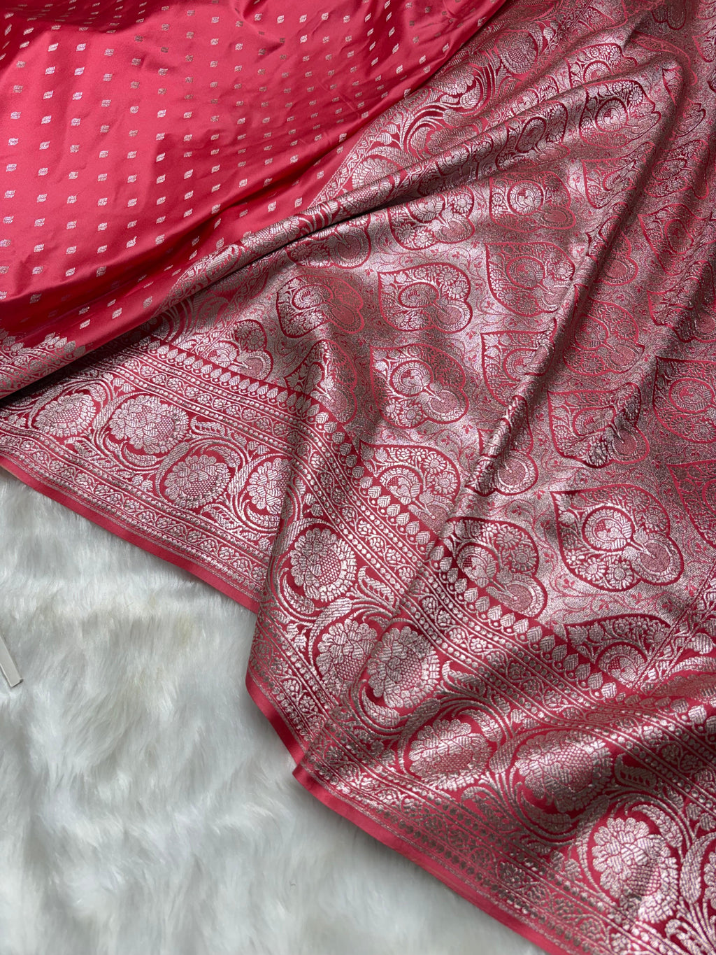 Premium Banarasi Mashru Silk Saree Booti in Ruby Pink Shade