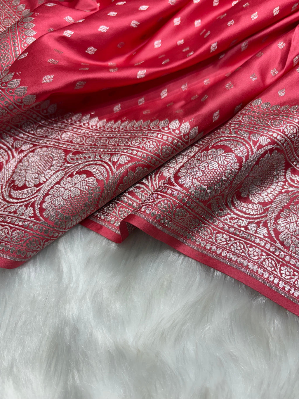 Premium Banarasi Mashru Silk Saree Booti in Ruby Pink Shade