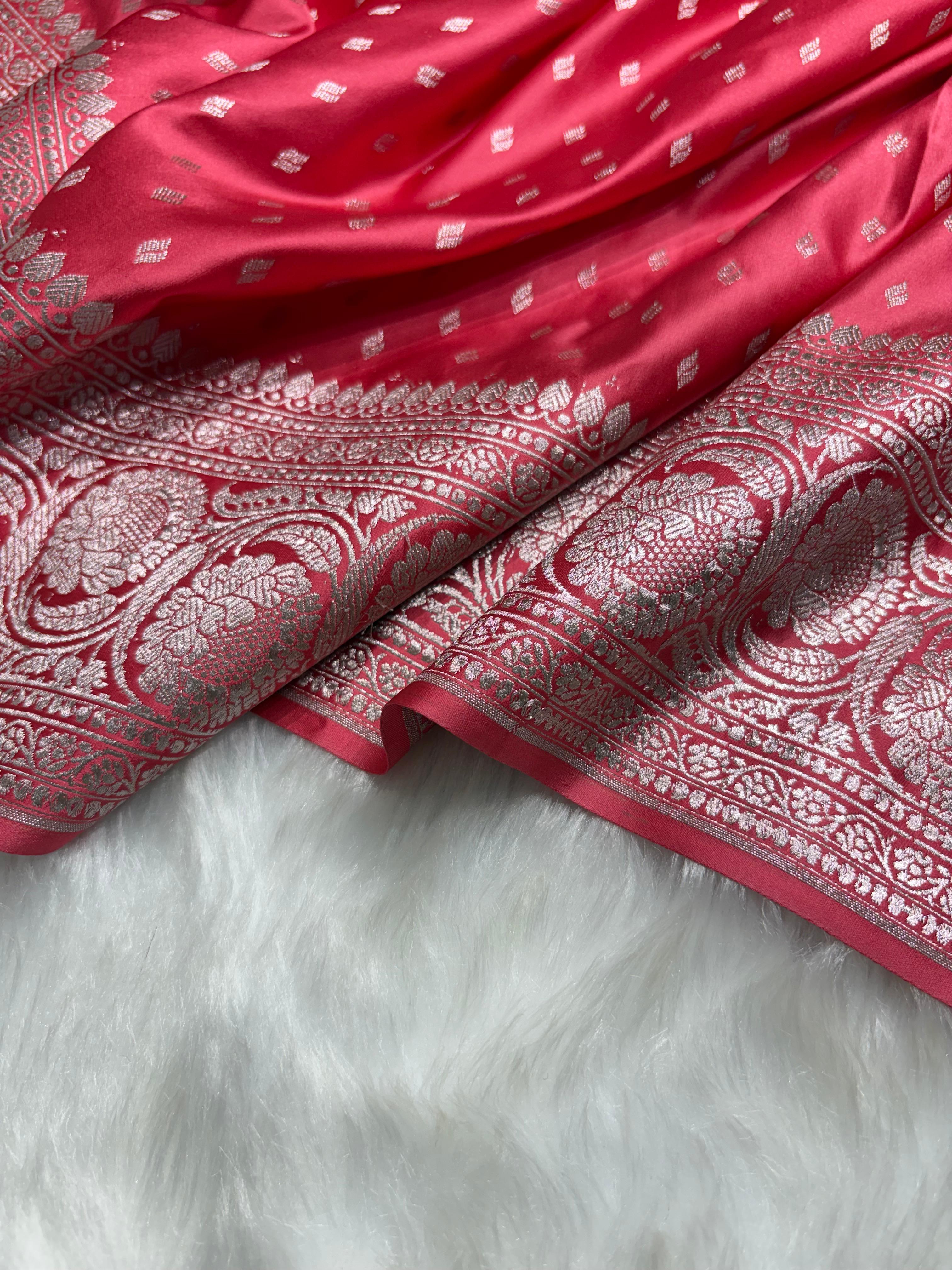 Premium Banarasi Mashru Silk Saree Booti in Ruby Pink Shade
