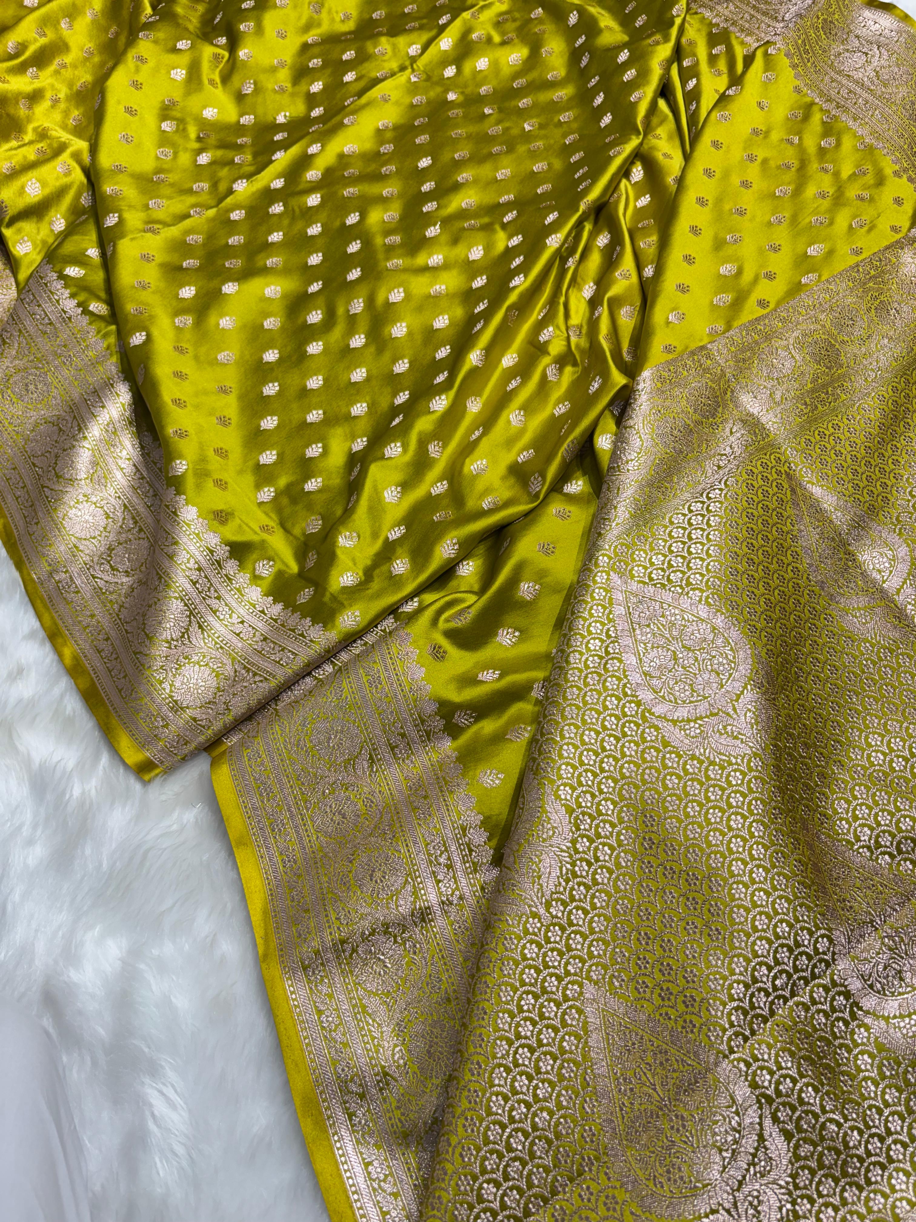 Lime Green Banarasi Mashru Silk Booti Silk Saree