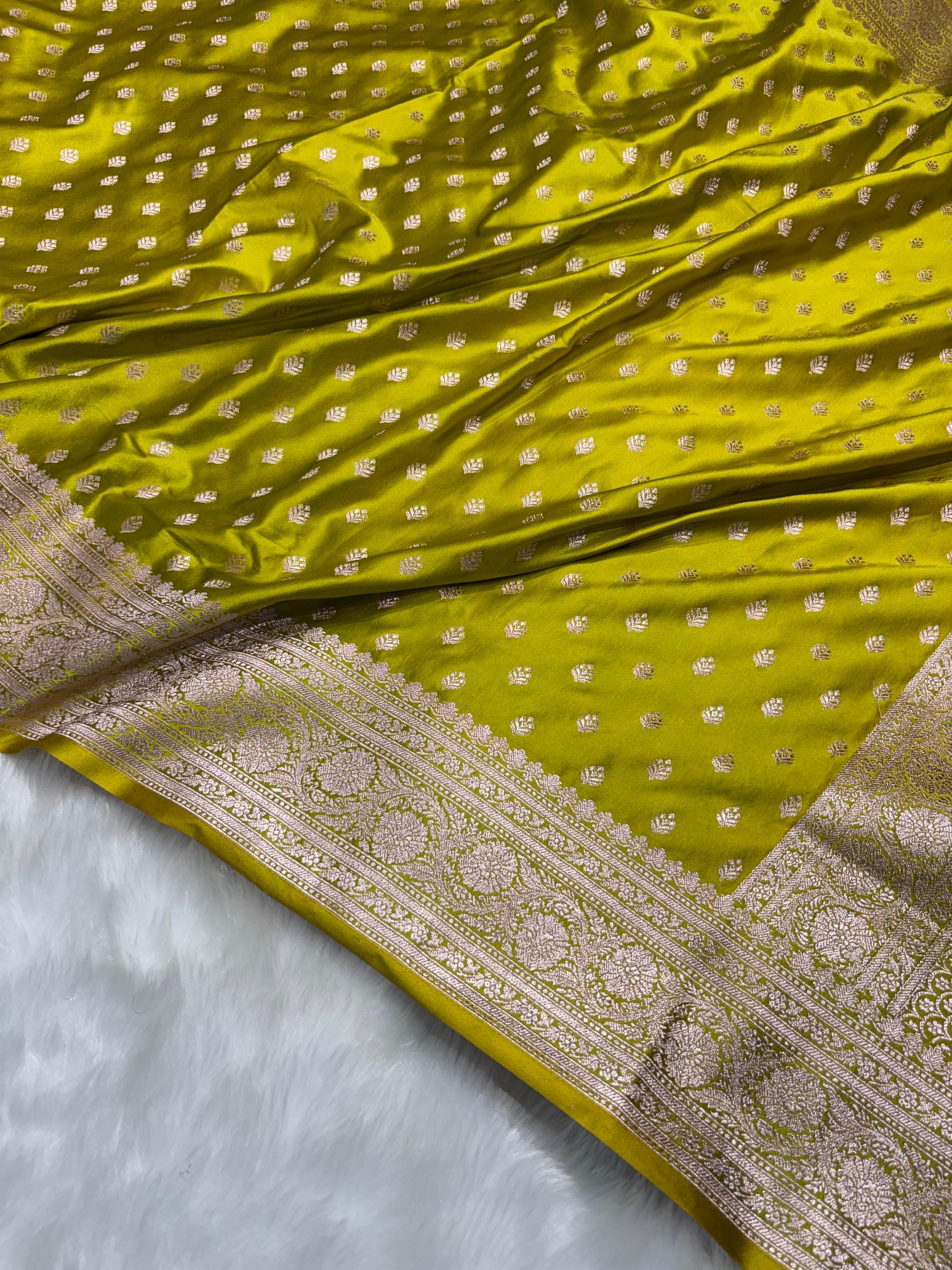 Lime Green Banarasi Mashru Silk Booti Silk Saree