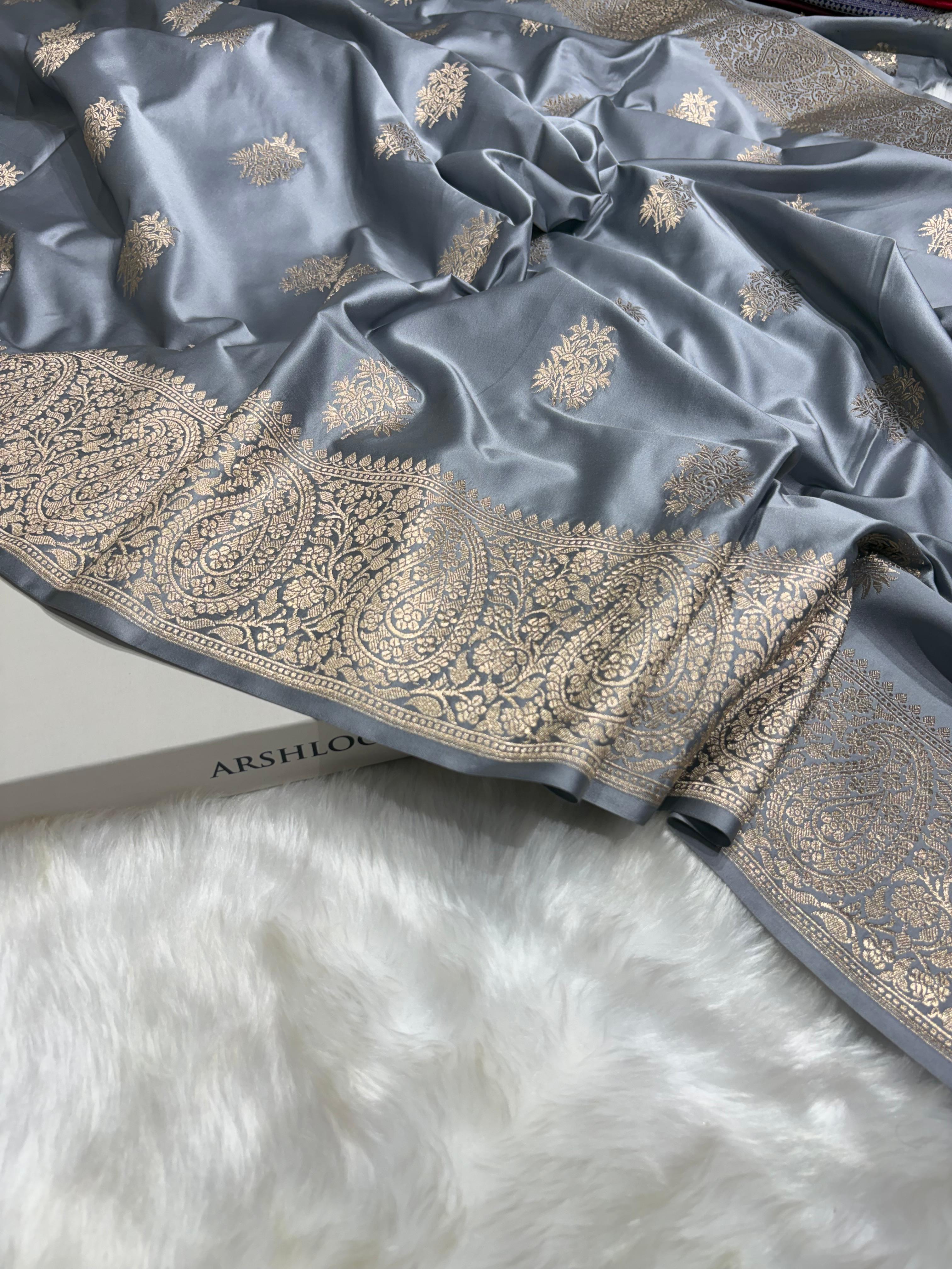 Banarasi Smoke Grey  Premium Motifs Floral Mashru Silk Saree