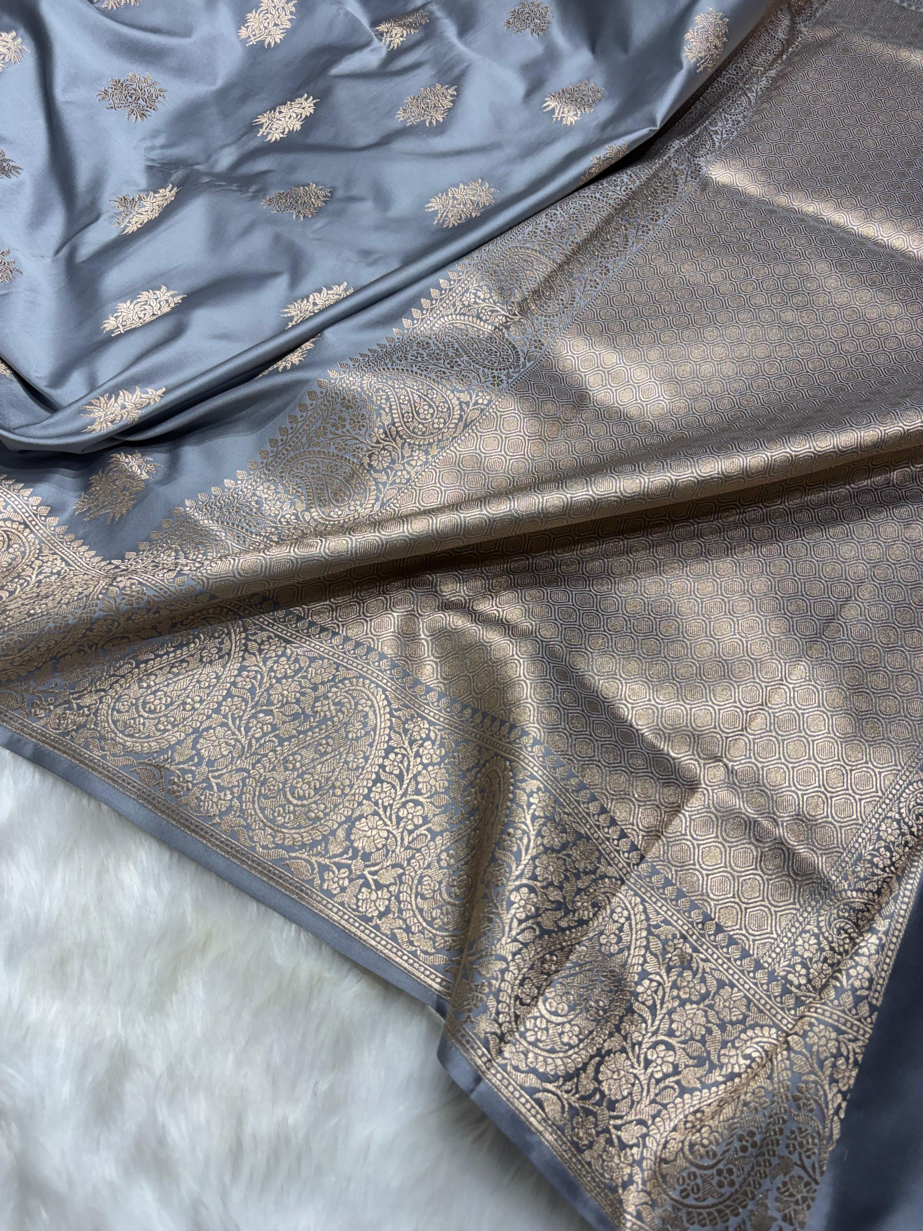 Banarasi Smoke Grey  Premium Motifs Floral Mashru Silk Saree