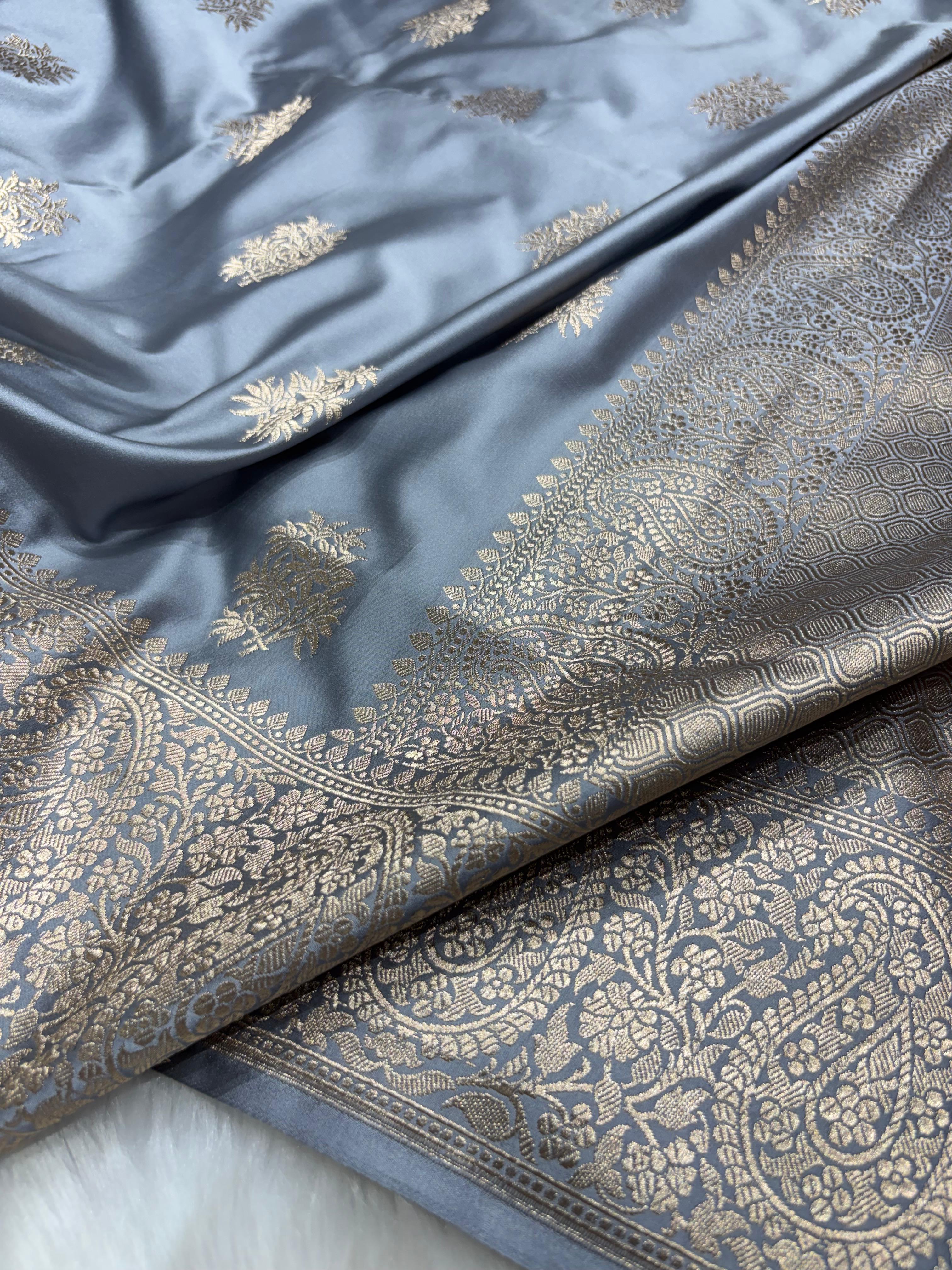Banarasi Smoke Grey  Premium Motifs Floral Mashru Silk Saree
