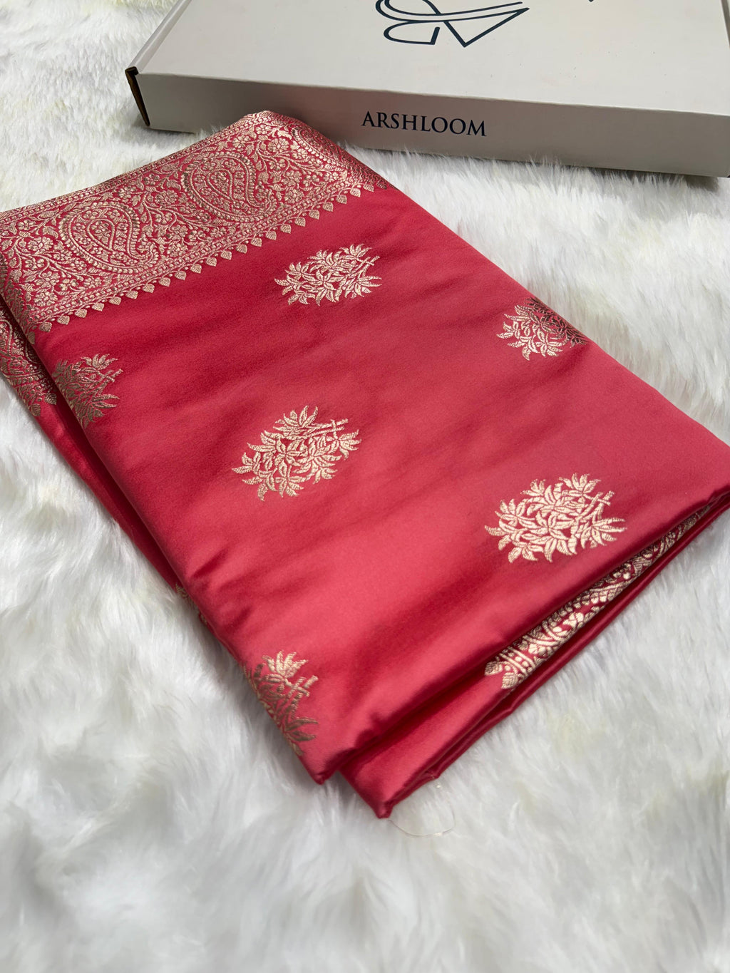 Banarasi Blush Coral Premium Motifs Floral Mashru Silk Saree