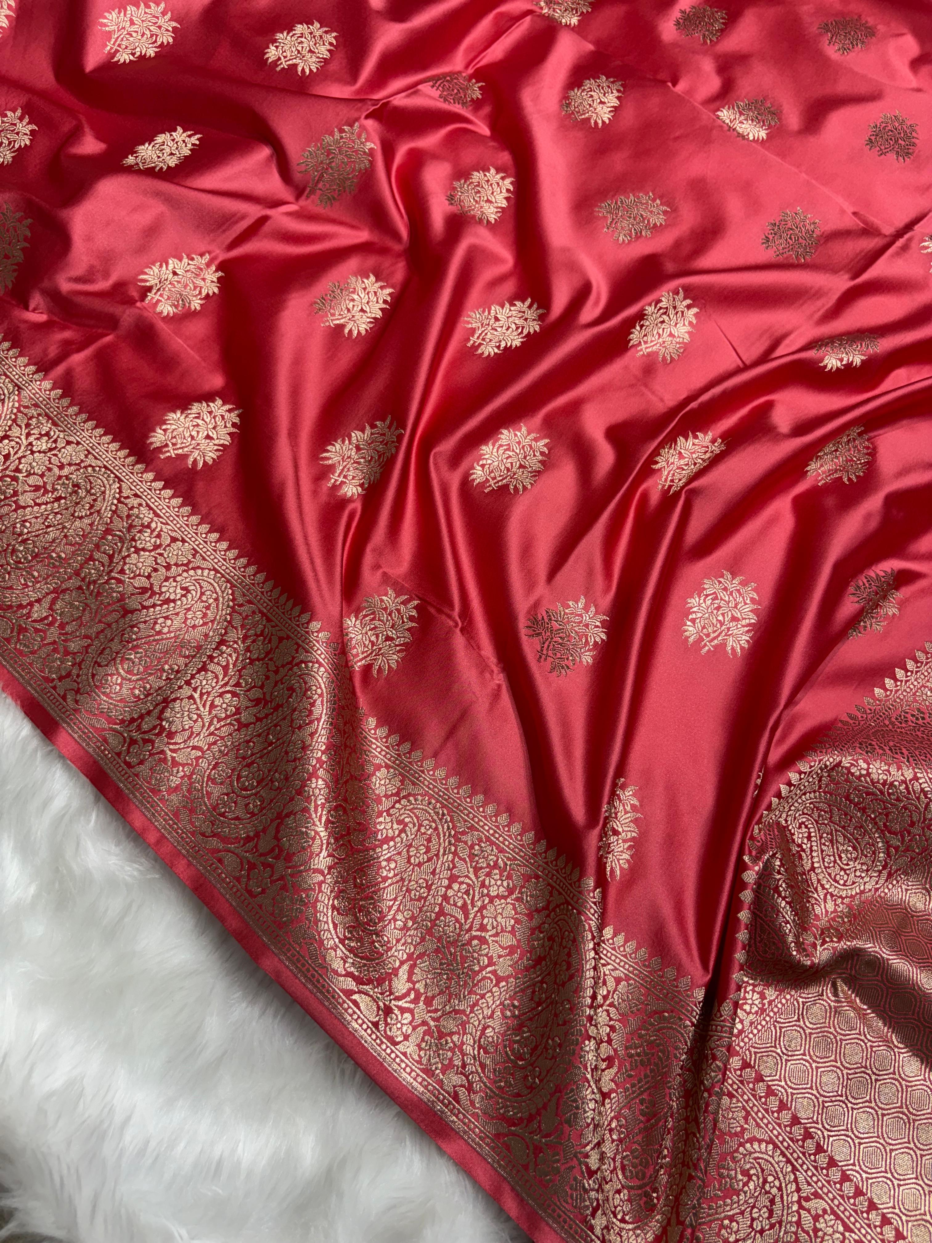 Banarasi Blush Coral Premium Motifs Floral Mashru Silk Saree