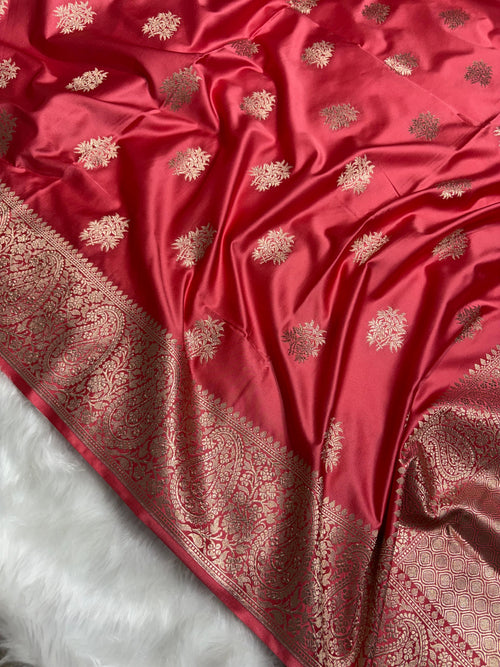 Banarasi Blush Coral Premium Motifs Floral Mashru Silk Saree