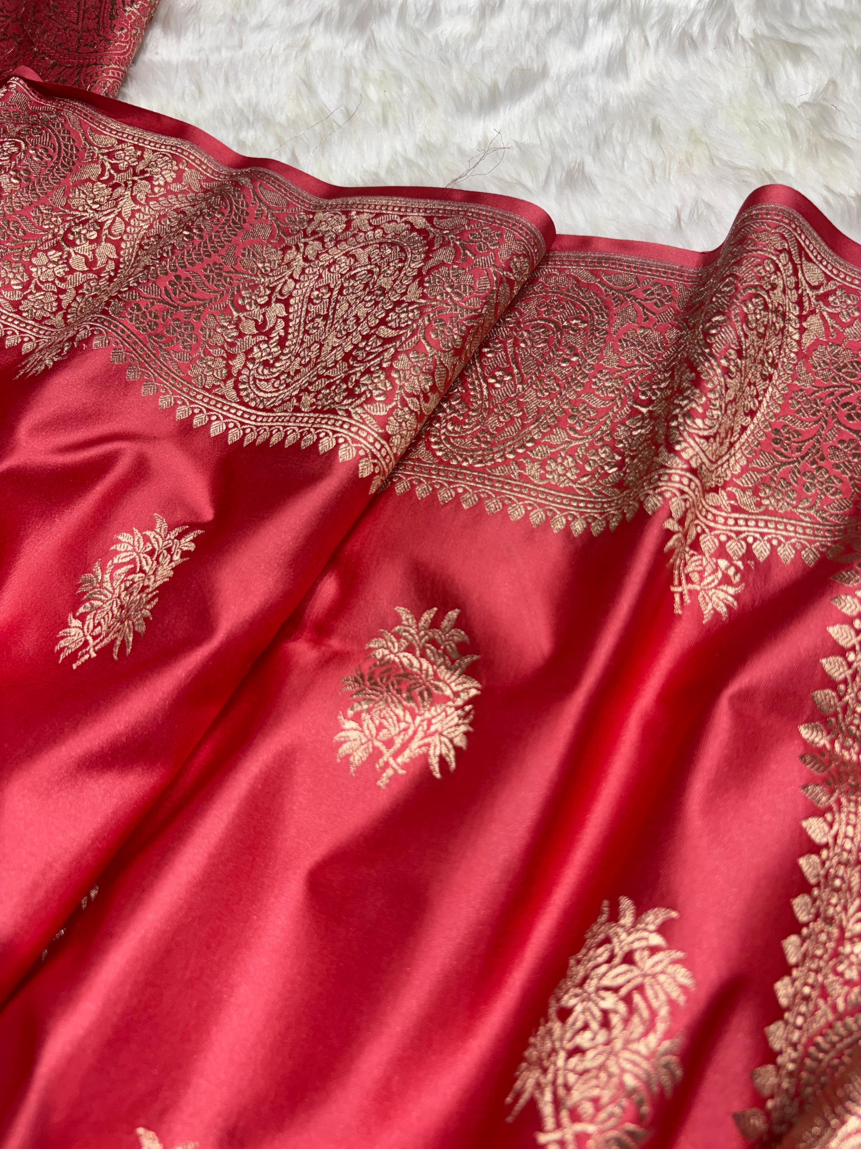Banarasi Blush Coral Premium Motifs Floral Mashru Silk Saree