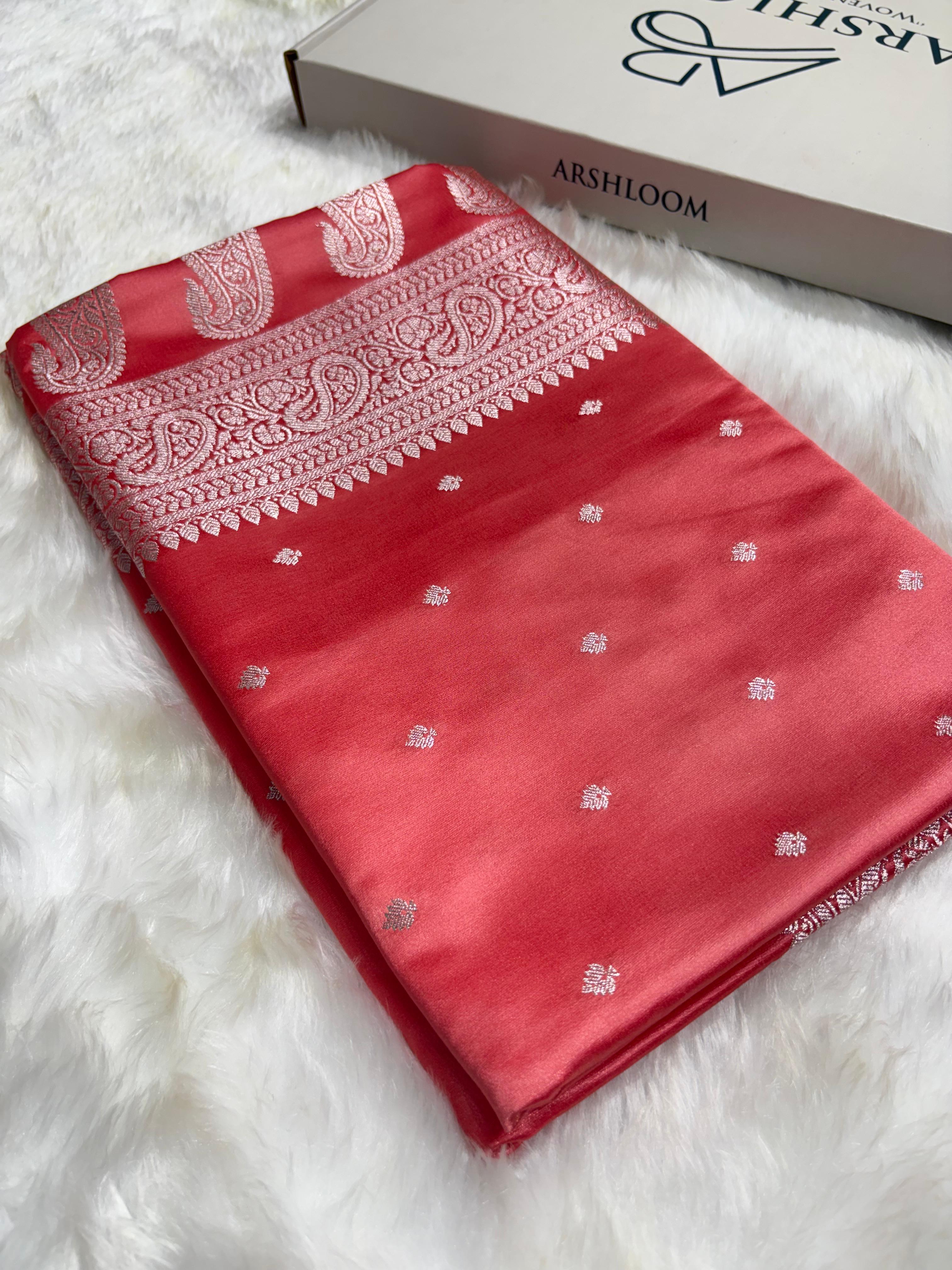 Blush Coral Booti Pattern Mashru Silk Saree