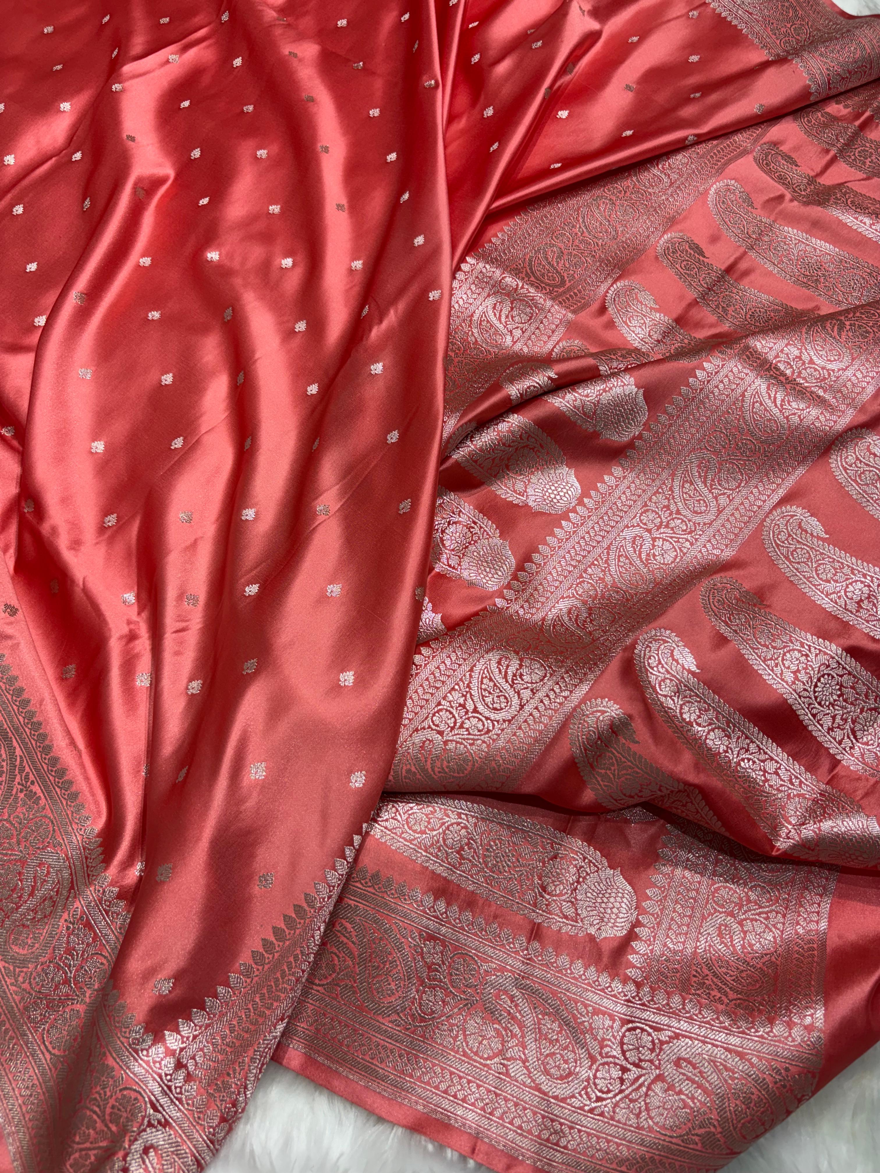 Blush Coral Booti Pattern Mashru Silk Saree
