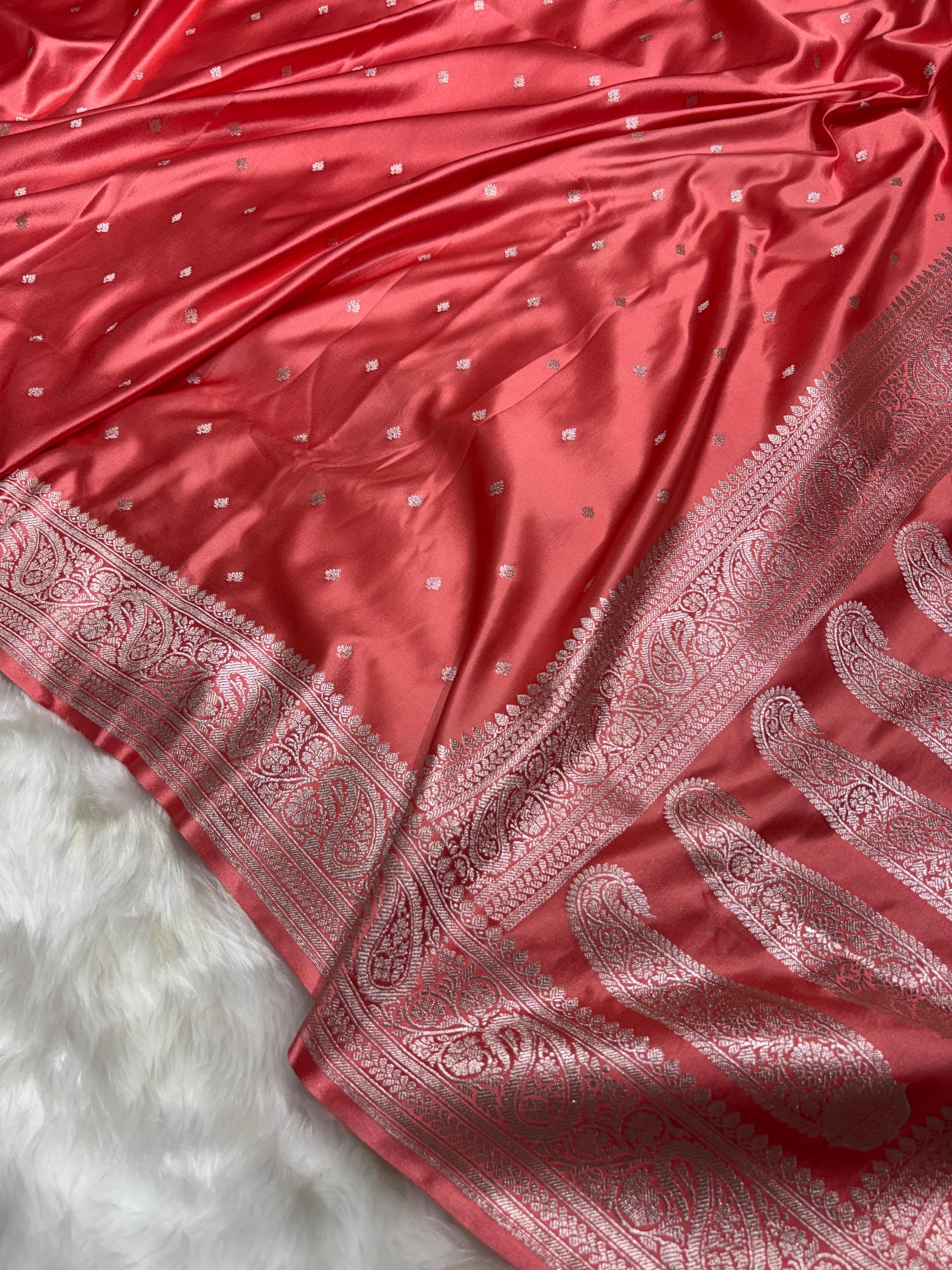 Blush Coral Booti Pattern Mashru Silk Saree