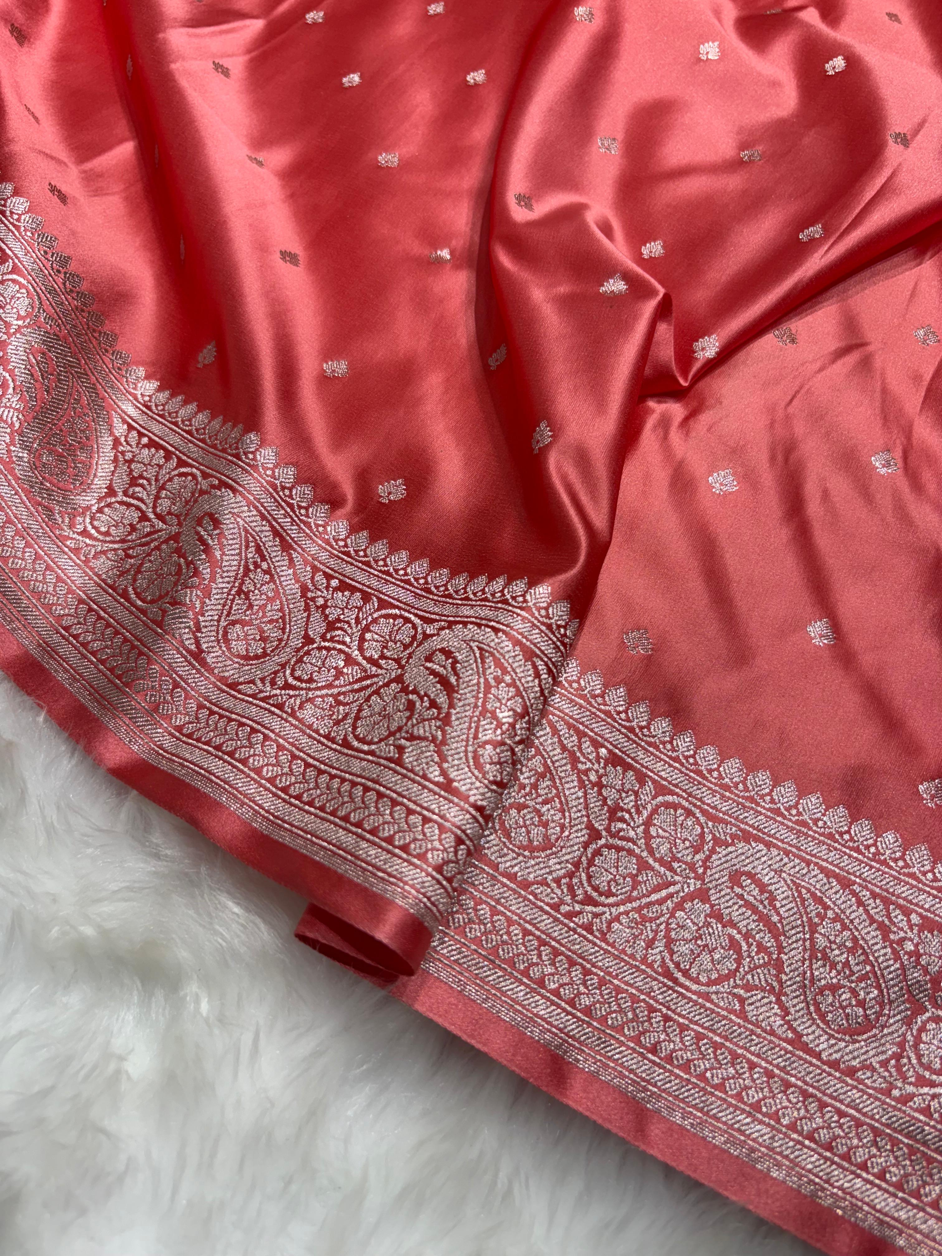Blush Coral Booti Pattern Mashru Silk Saree