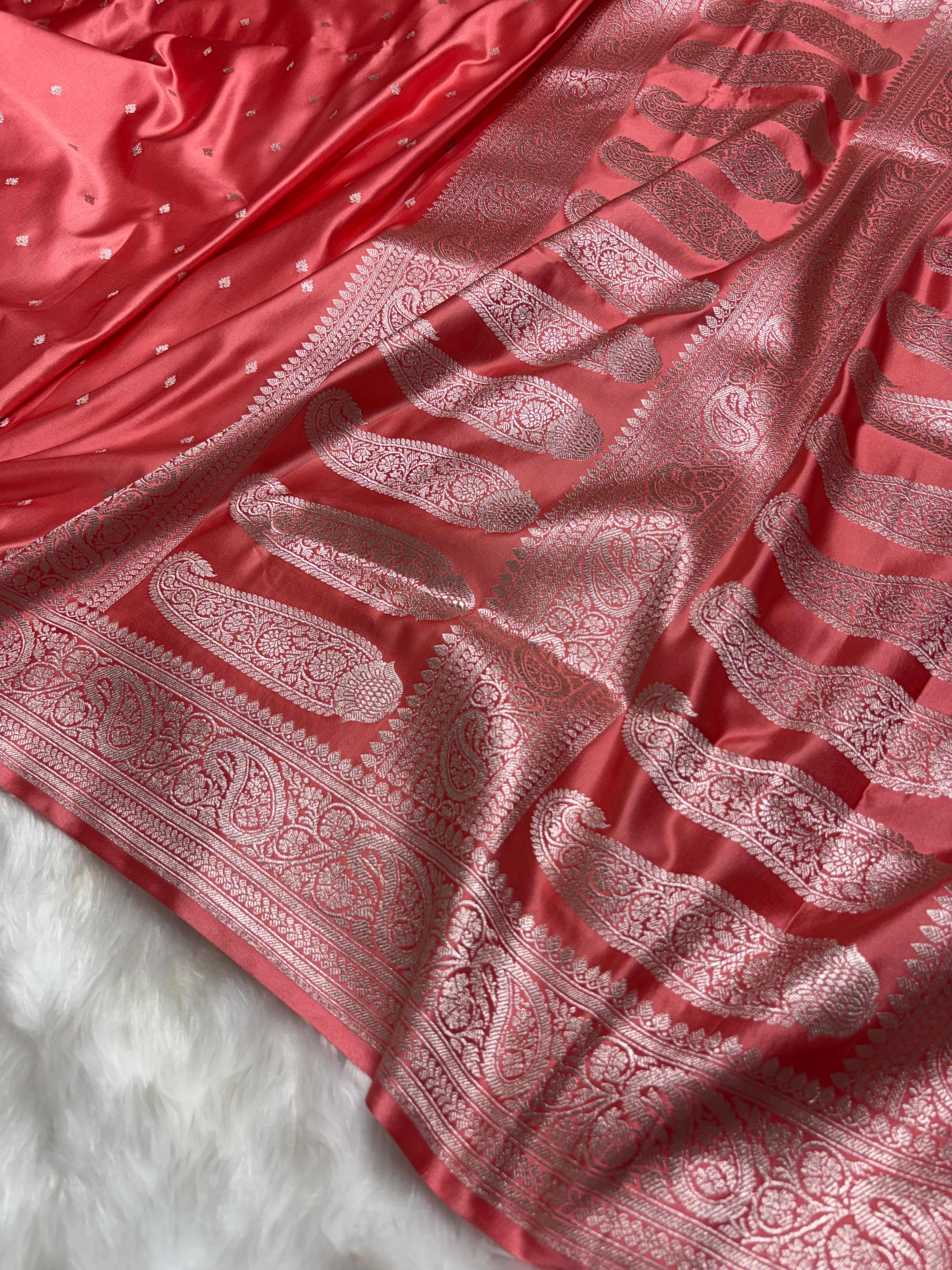 Blush Coral Booti Pattern Mashru Silk Saree