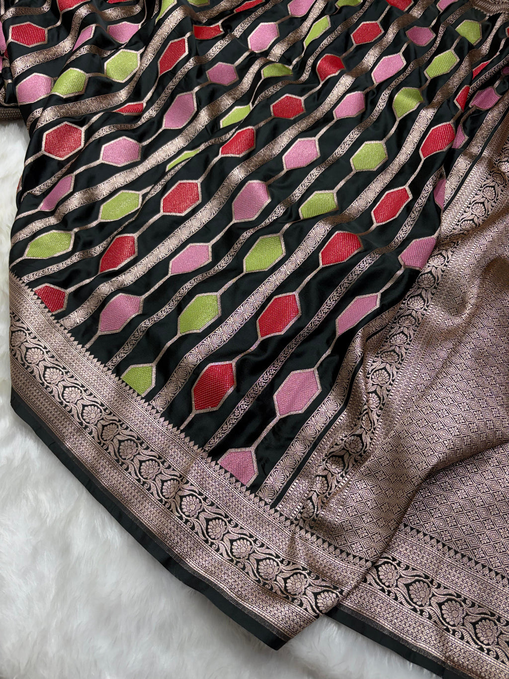 Midnight Black Multicolor Horizontal Stripes Premium Mashru Silk Saree