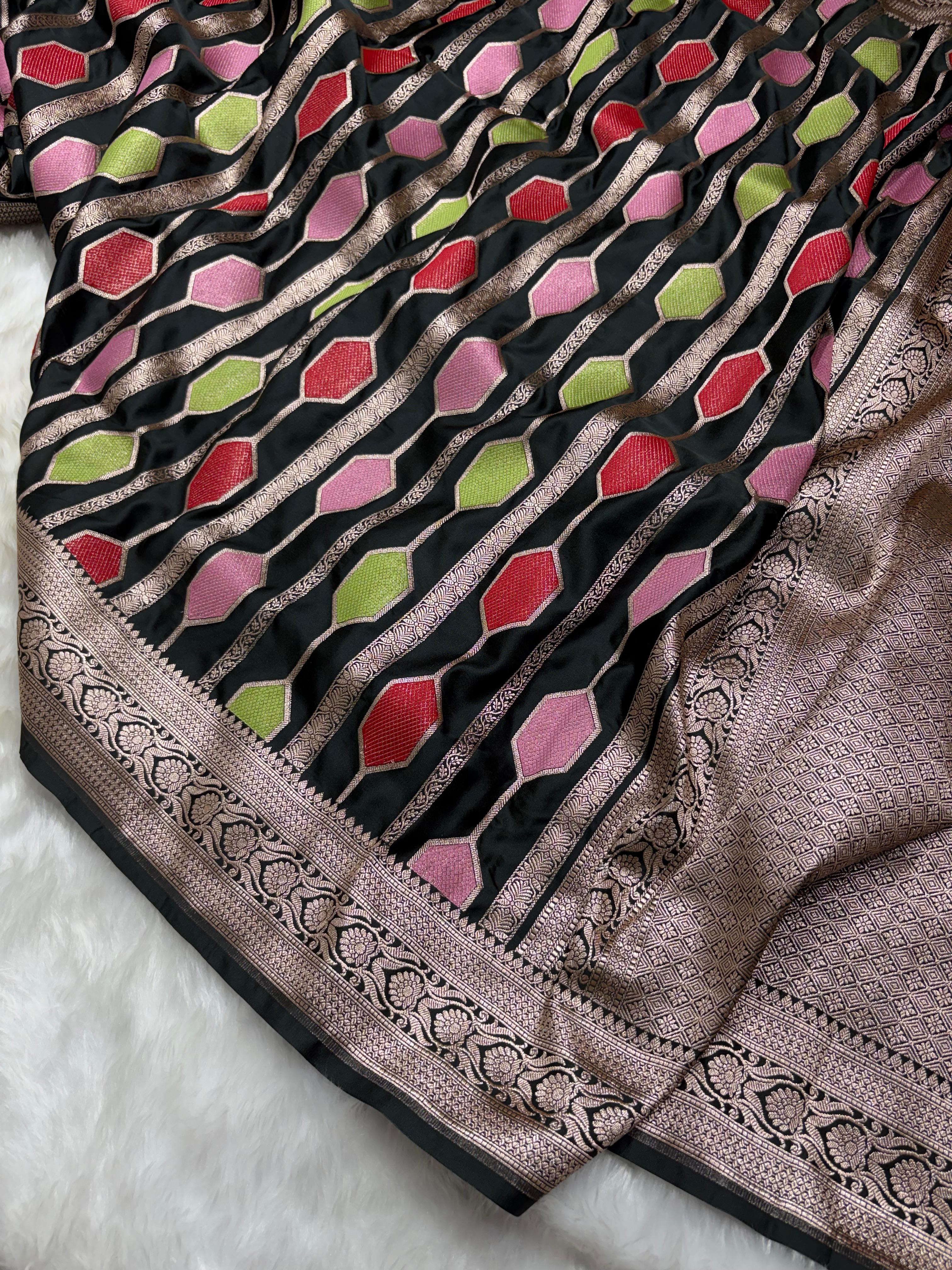 Midnight Black Multicolor Horizontal Stripes Premium Mashru Silk Saree