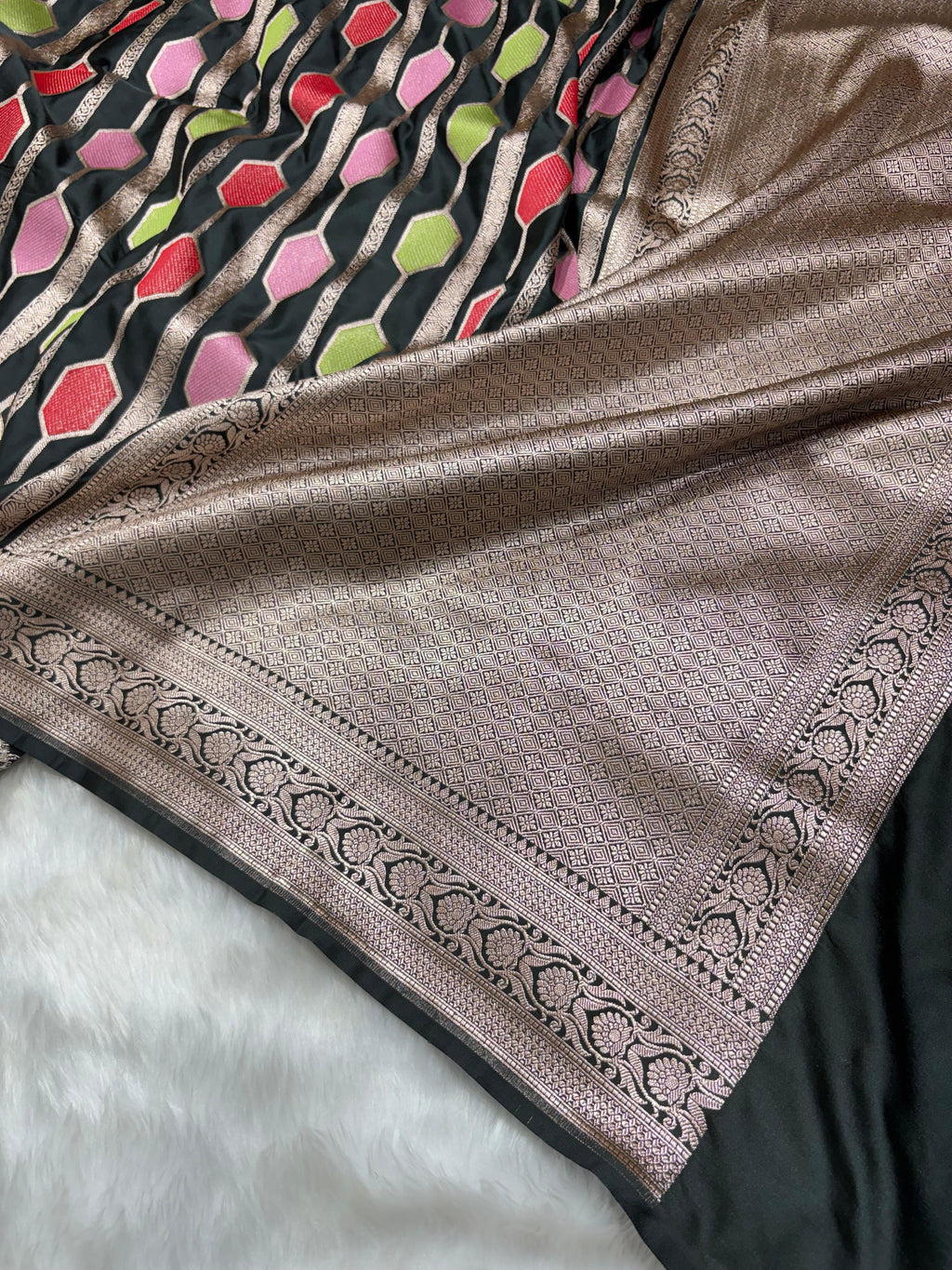 Midnight Black Multicolor Horizontal Stripes Premium Mashru Silk Saree