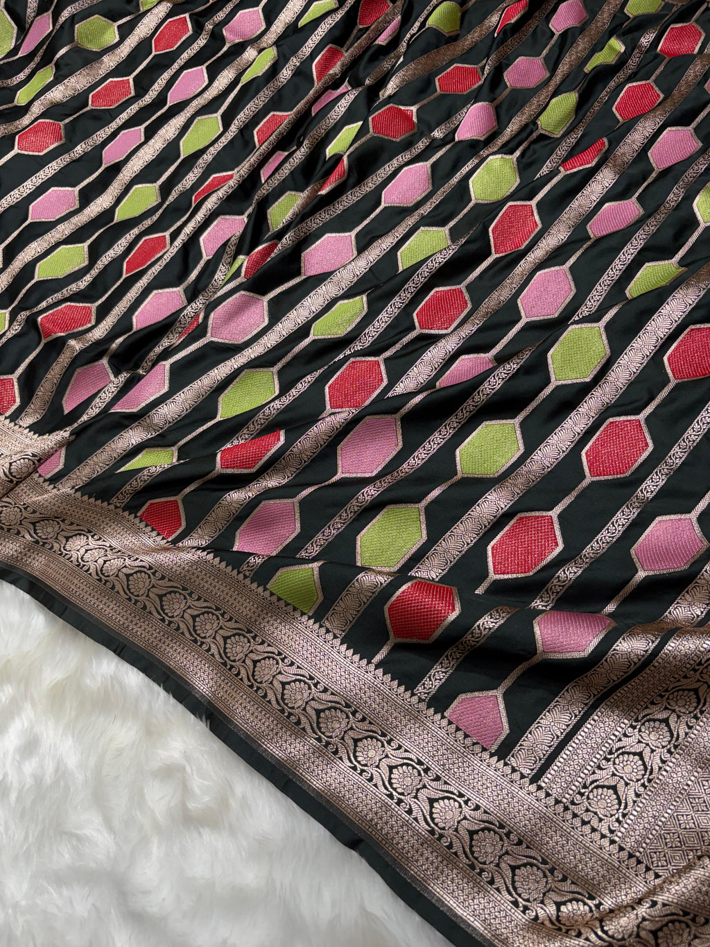 Midnight Black Multicolor Horizontal Stripes Premium Mashru Silk Saree