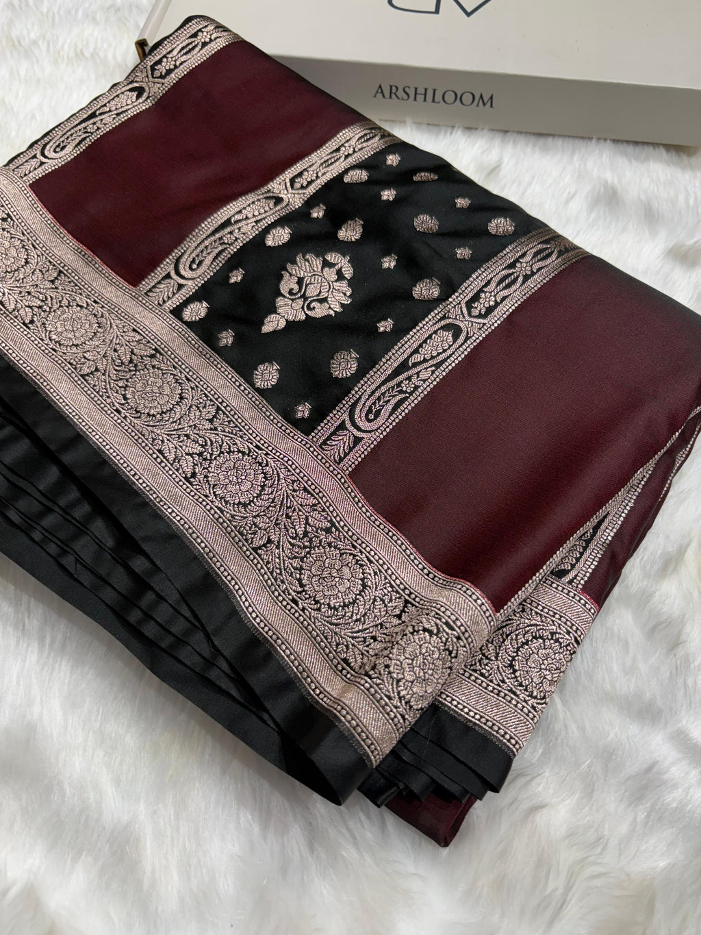 Contrast Deep Wine - Black Horizontal Strips With Motifs Banarasi Mashru Silk Saree