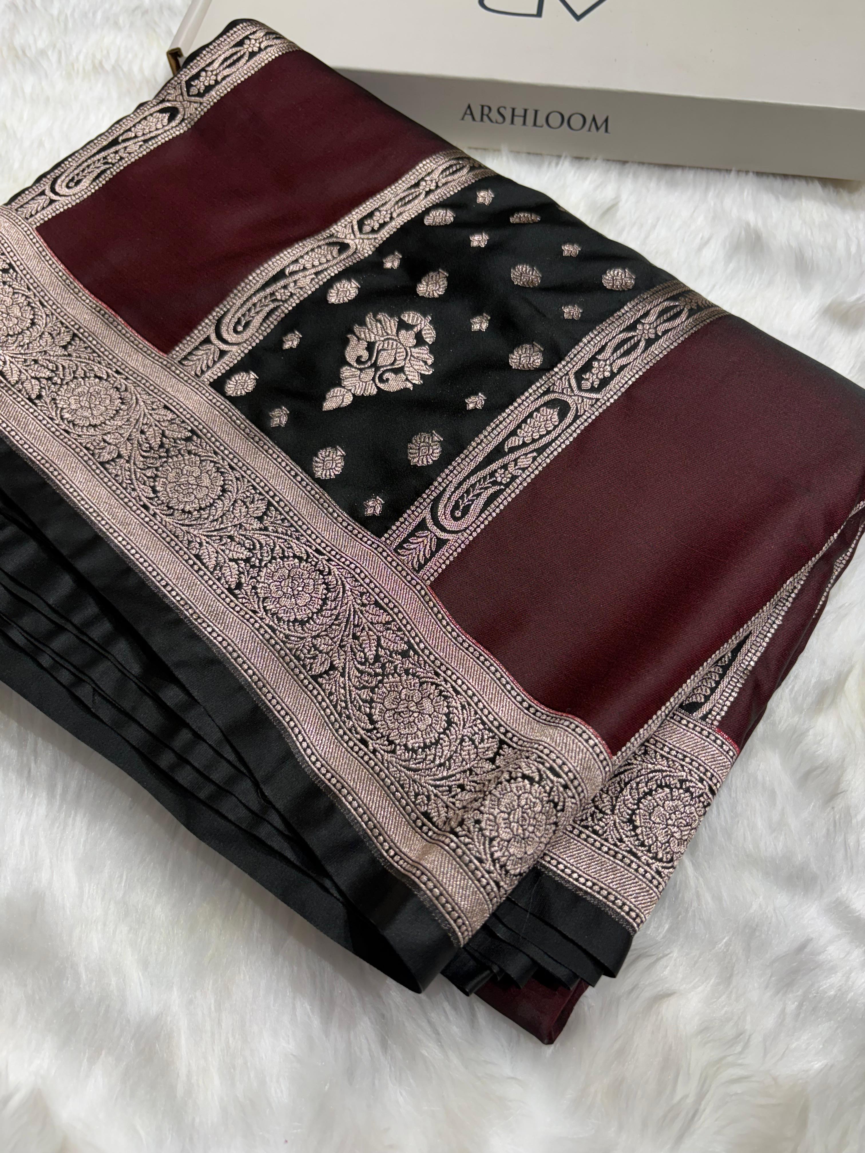 Contrast Deep Wine - Black Horizontal Strips With Motifs Banarasi Mashru Silk Saree