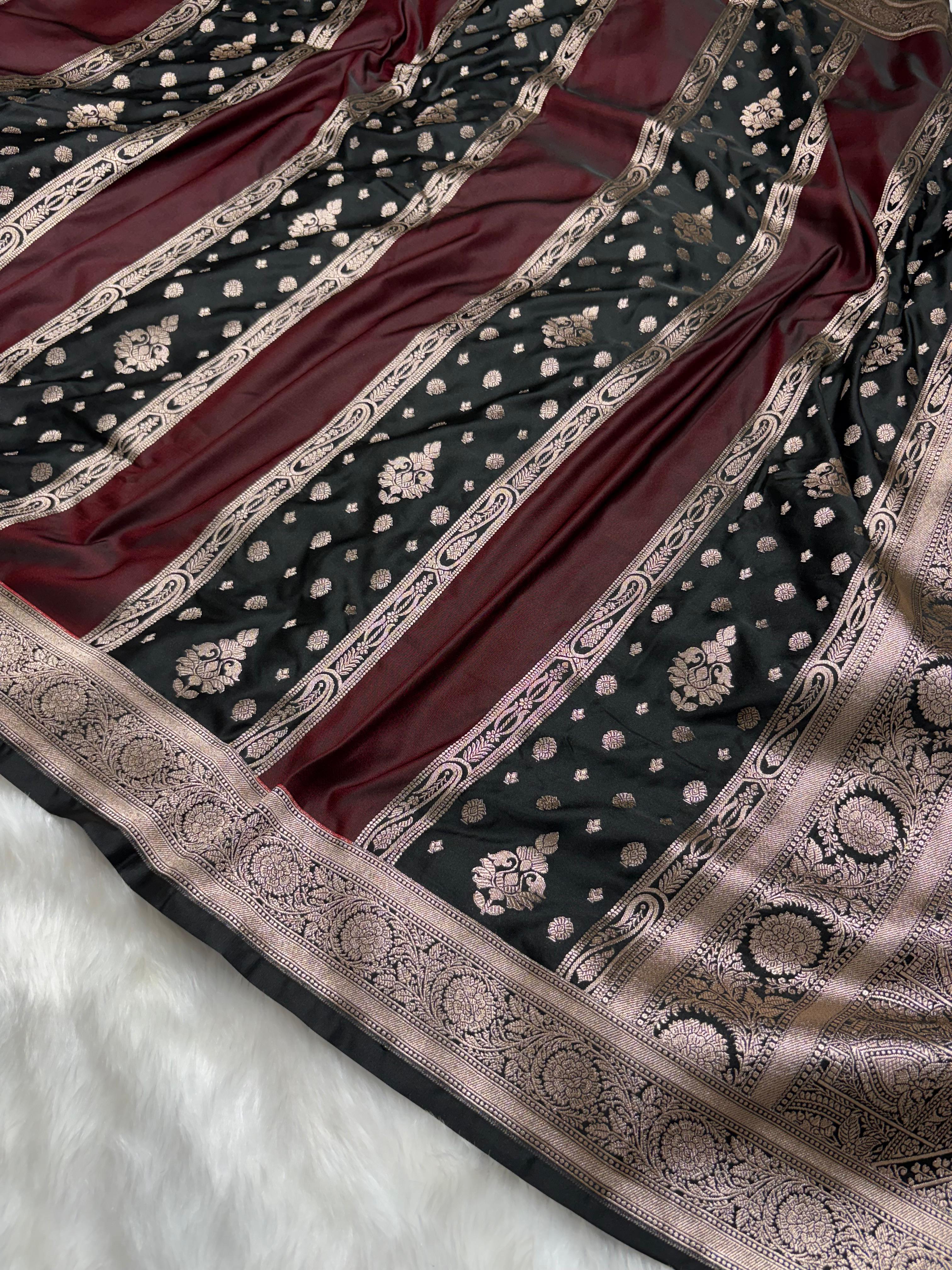 Contrast Deep Wine - Black Horizontal Strips With Motifs Banarasi Mashru Silk Saree