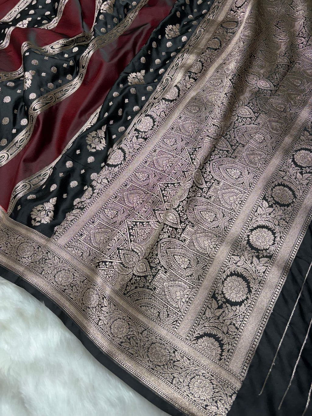 Contrast Deep Wine - Black Horizontal Strips With Motifs Banarasi Mashru Silk Saree