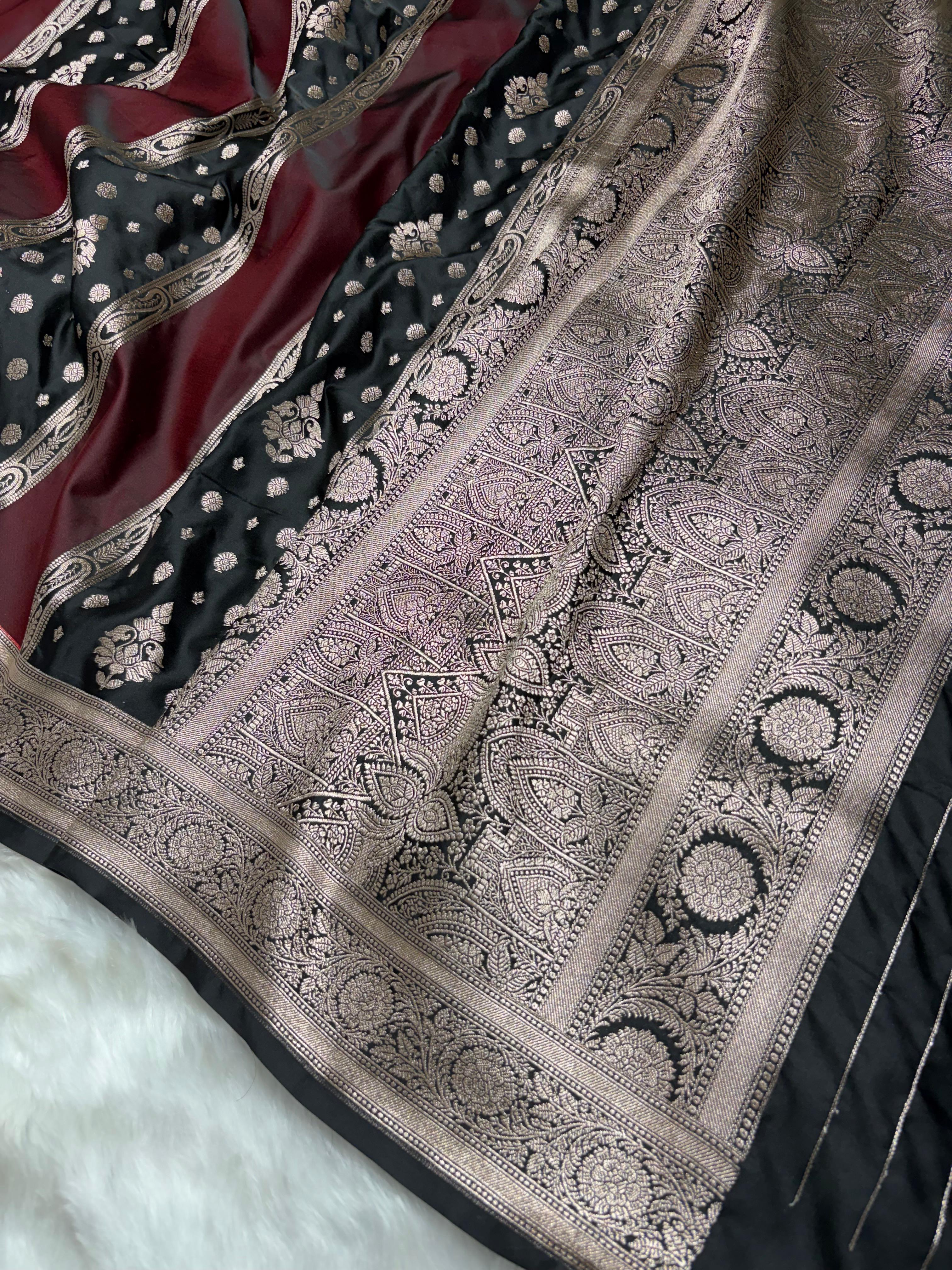 Contrast Deep Wine - Black Horizontal Strips With Motifs Banarasi Mashru Silk Saree